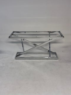 1970s Milo Baughman Style Sculptural Geometric Angles Chrome Console Glass Table