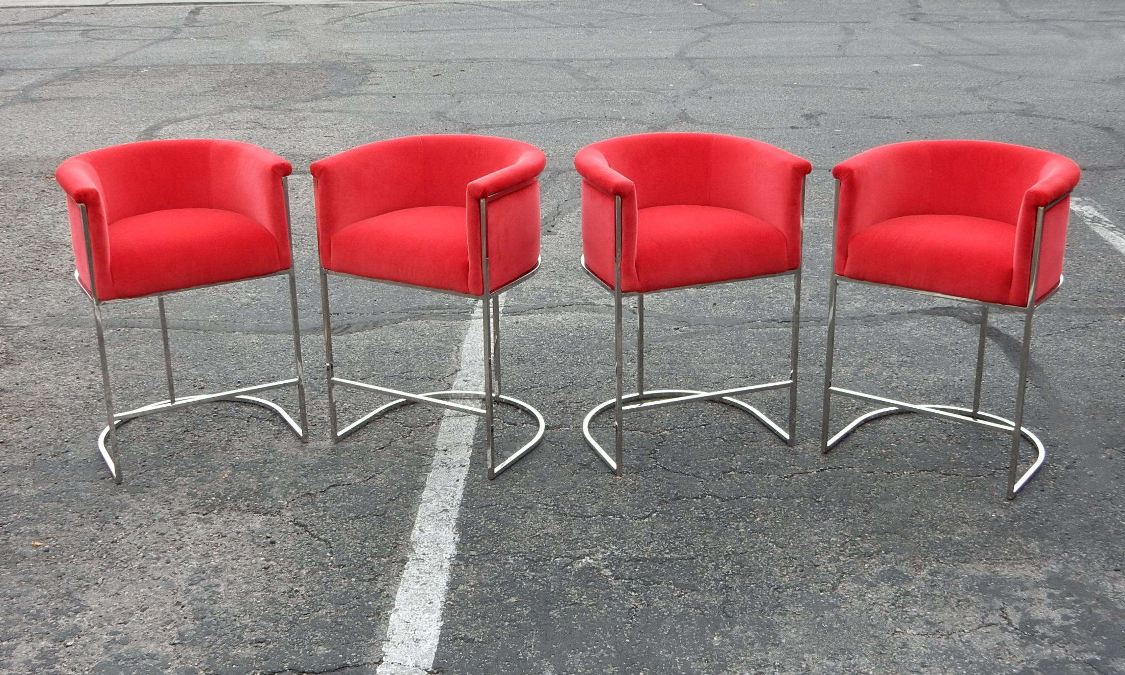 Late 20th Century 1970's Milo Baughman style Thinline Bar Stools, set of 4 For Sale
