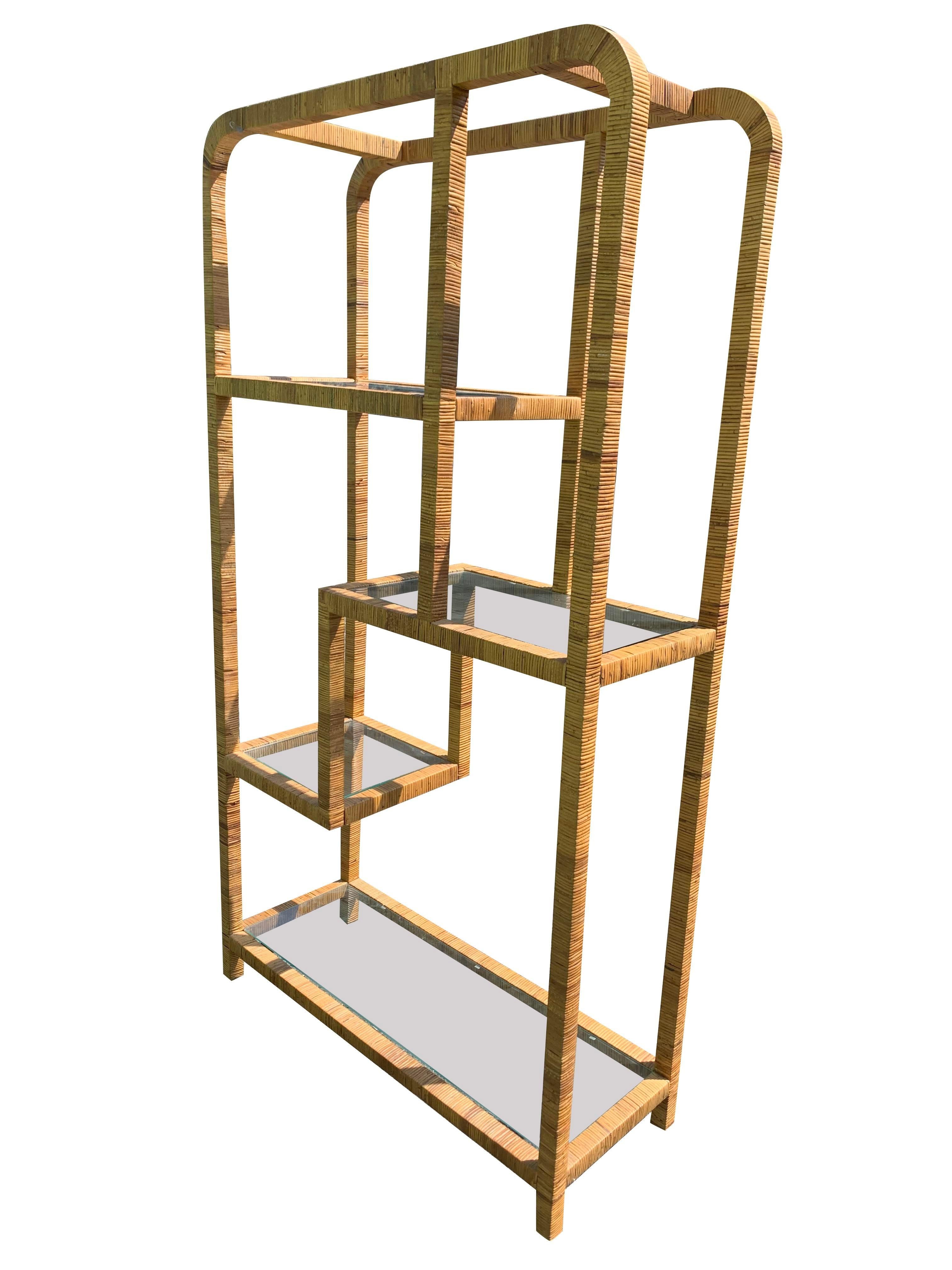 Modern 1970s Milo Baughman Style Wicker Rattan Wrapped Etagere