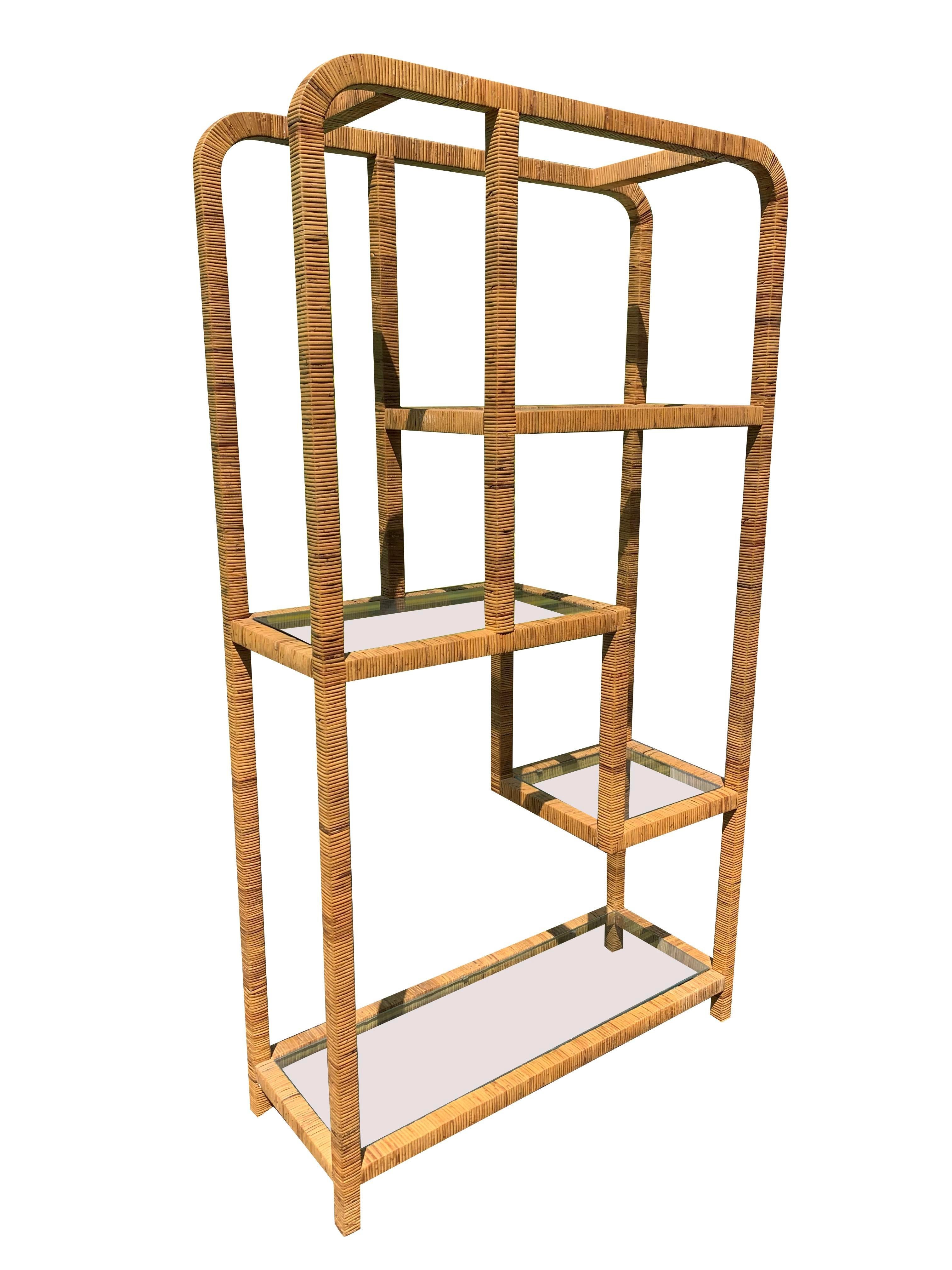 1970s Milo Baughman Style Wicker Rattan Wrapped Etagere In Good Condition In Saddle River, NJ