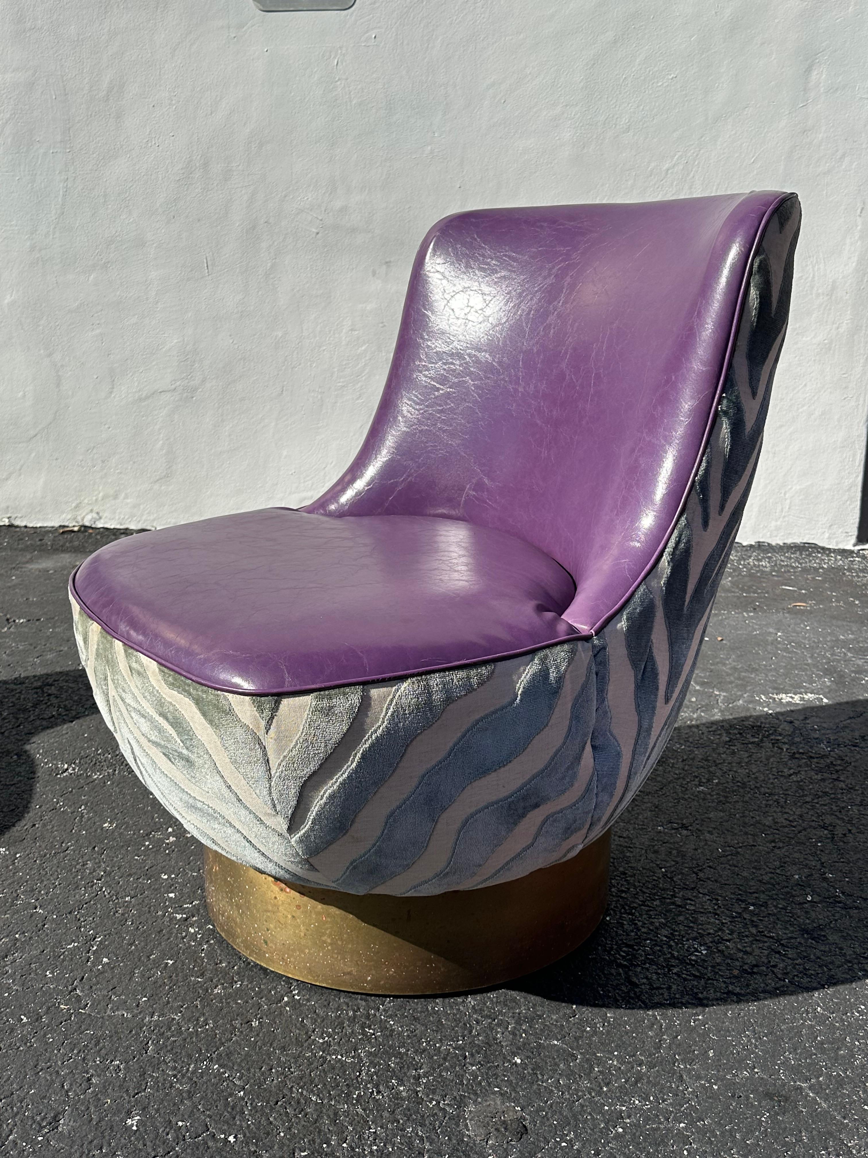 Milo Baughman Teal Zebra Samt 1970er Jahre  Lila Leder-Drehstühle, 2er-Set im Angebot 4