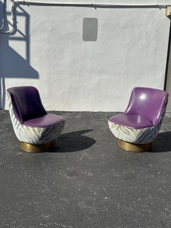 1970s Milo Baughman Teal Zebra Velvet  Purple Leather Swivel Chairs, Set of 2