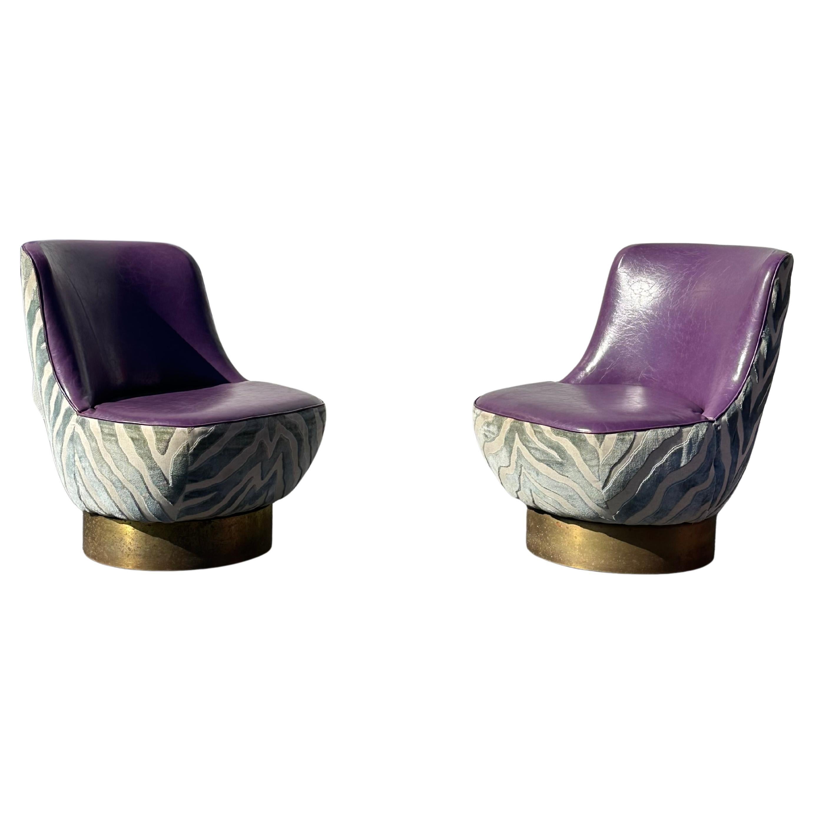 1970s Milo Baughman Teal Zebra Velvet  Purple Leather Swivel Chairs, Set of 2