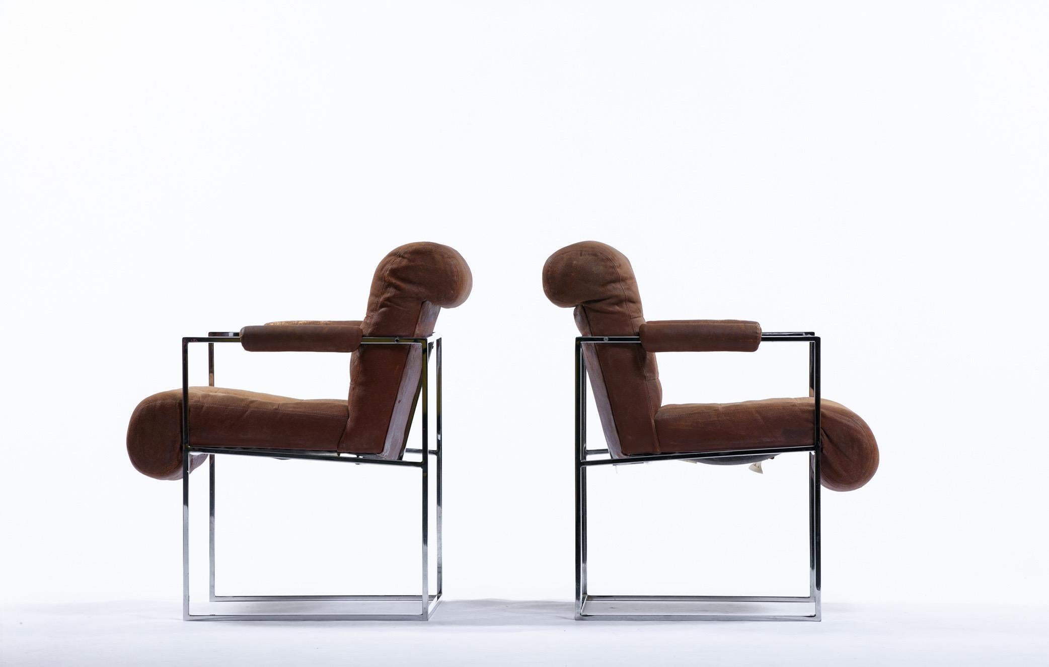 Pair of Milo Baughman thinline architectural chrome frame armchairs, designed in the 1970s for Thayer Coggin. A single armchair also available. These chairs could be used as host or hostess chairs or on their own as occasional chairs. Supreme