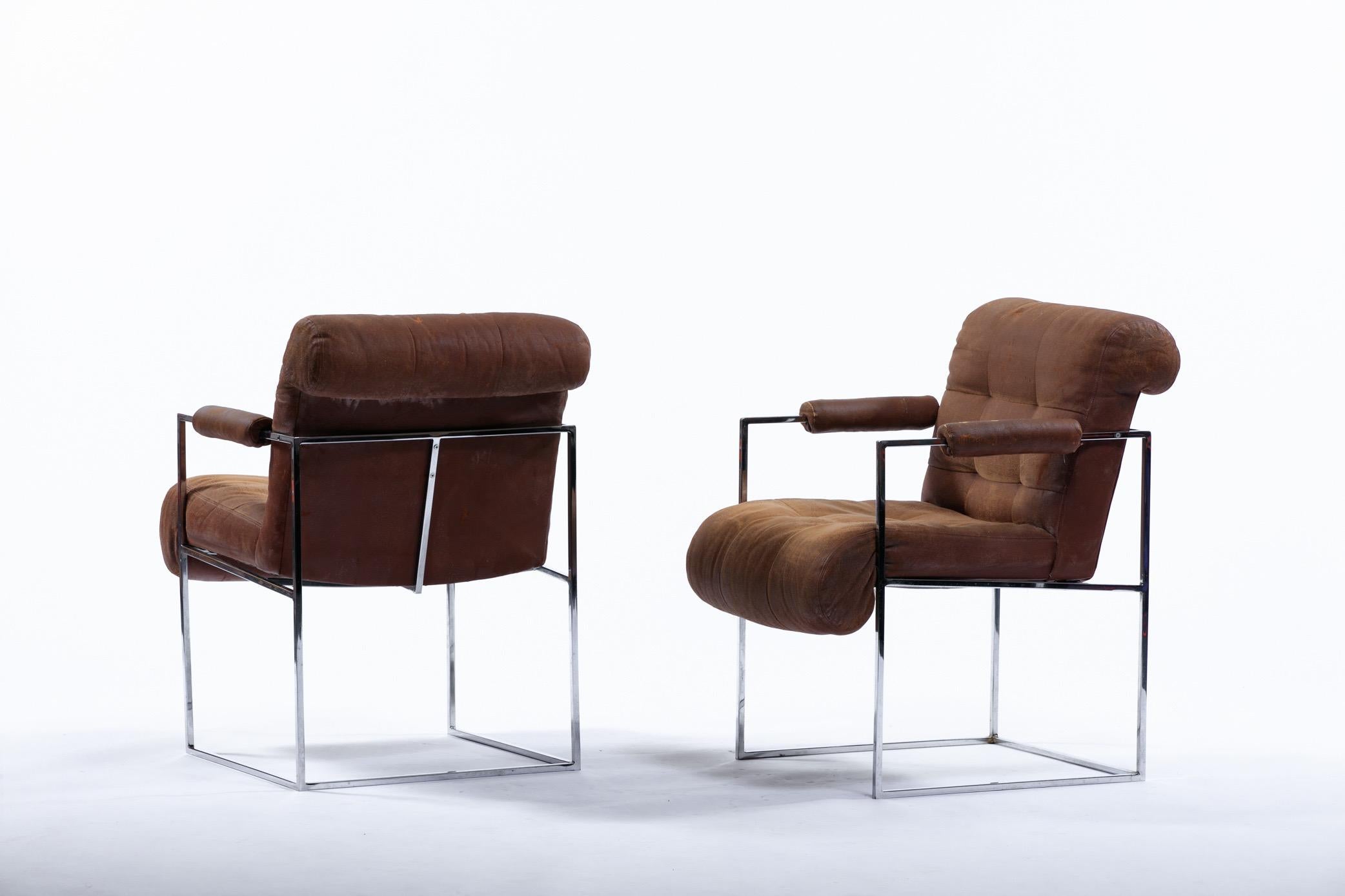 Chrome 1970s Milo Baughman Thinline Armchairs for Thayer Coggin