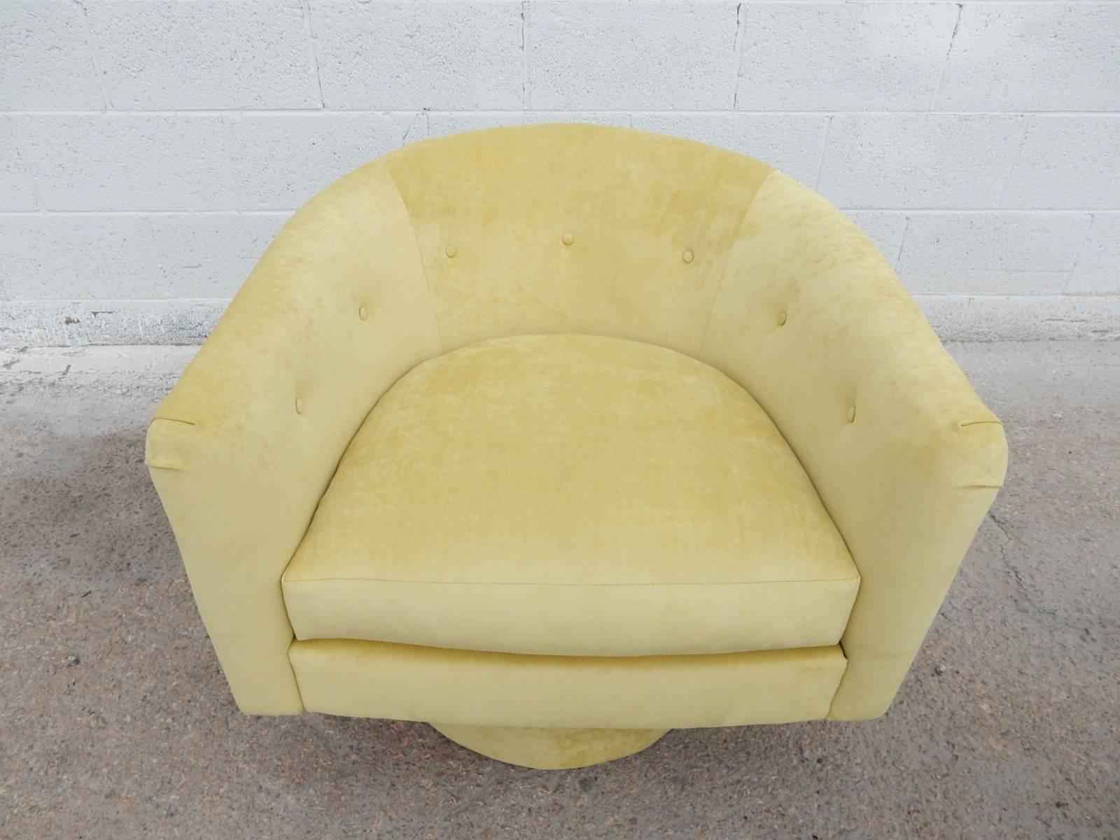 Upholstery 1970s MOD Yellow Velvet Swivel Lounge Chairs For Sale