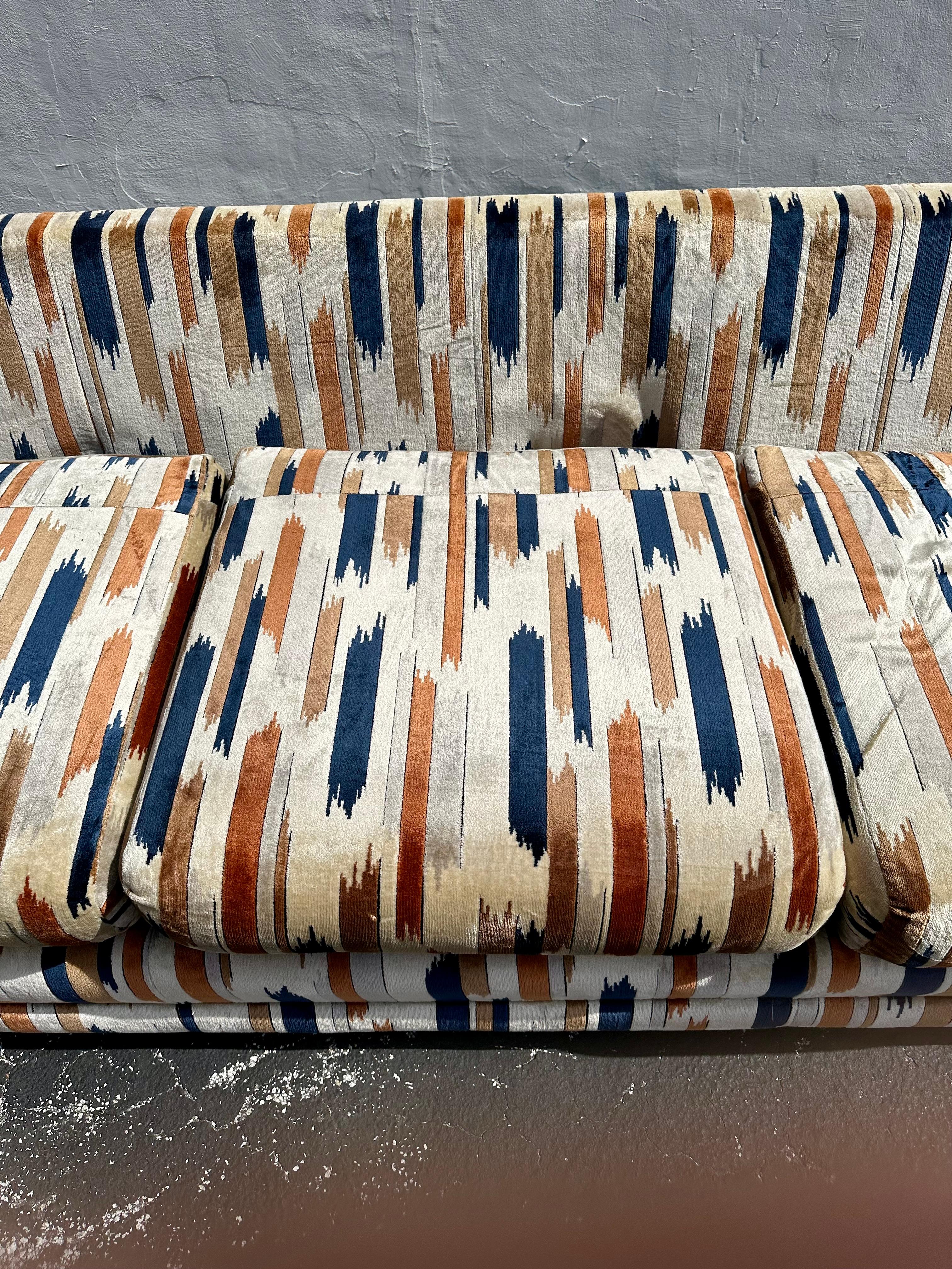 1970s Milo Baughman Jack Lenor Larsen Navy Biege Velvet Tuxedo Sofa 5
