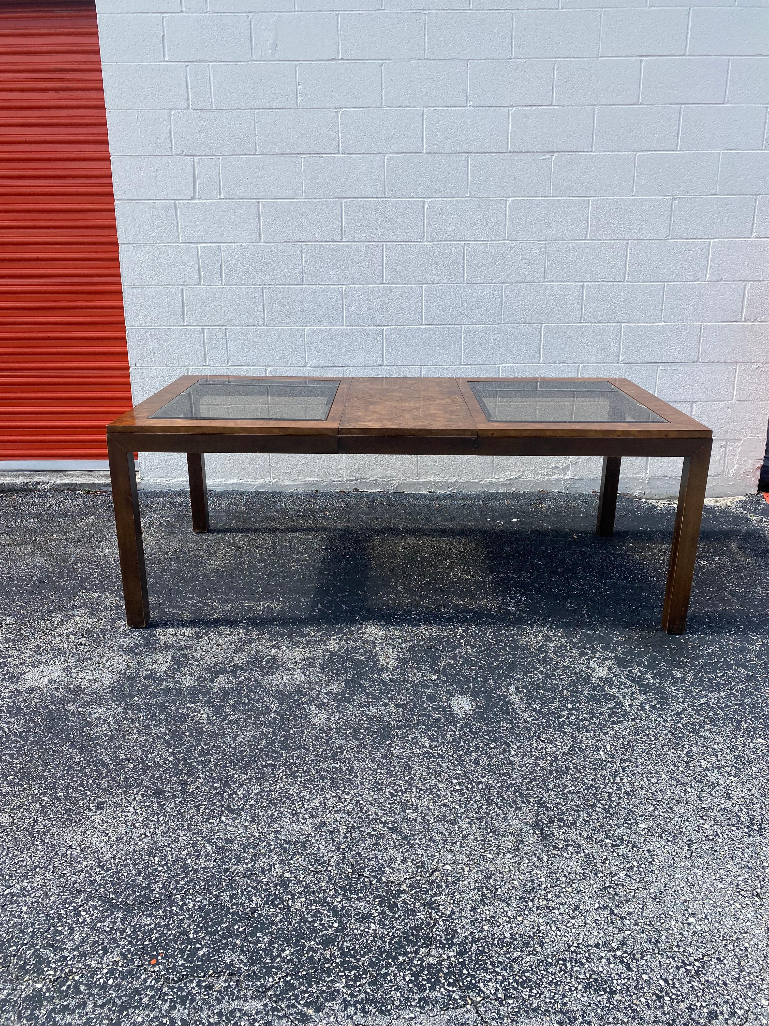 Glass 1970s Milo Baughman Walnut Burlwood Extendable Dining Table For Sale