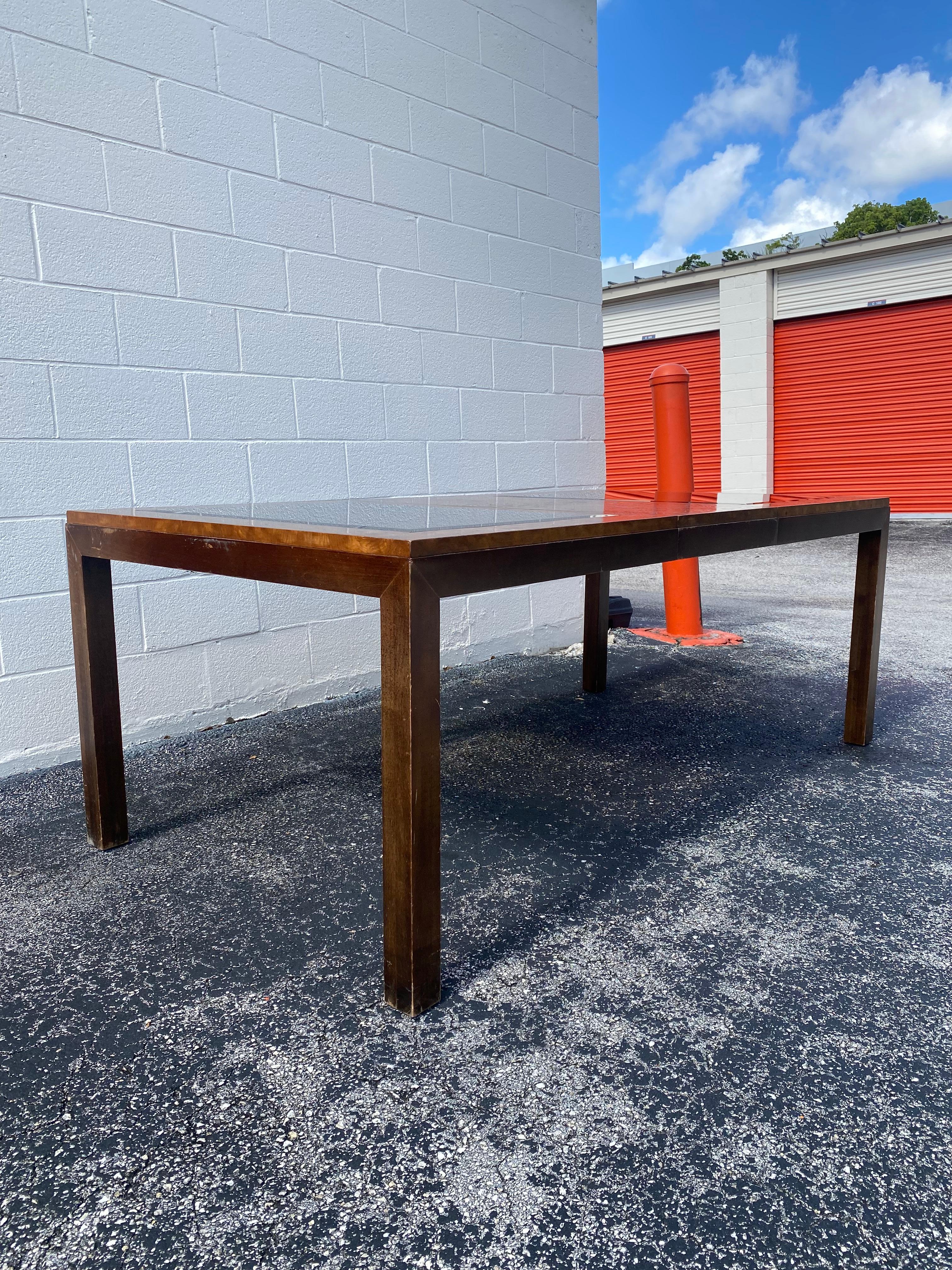 1970s Milo Baughman Walnut Burlwood Extendable Dining Table For Sale 1