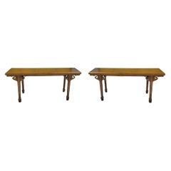 1970s Ming Style Carved Walnut Draw Leaf Alter / Console Tables by Drexel, Pair