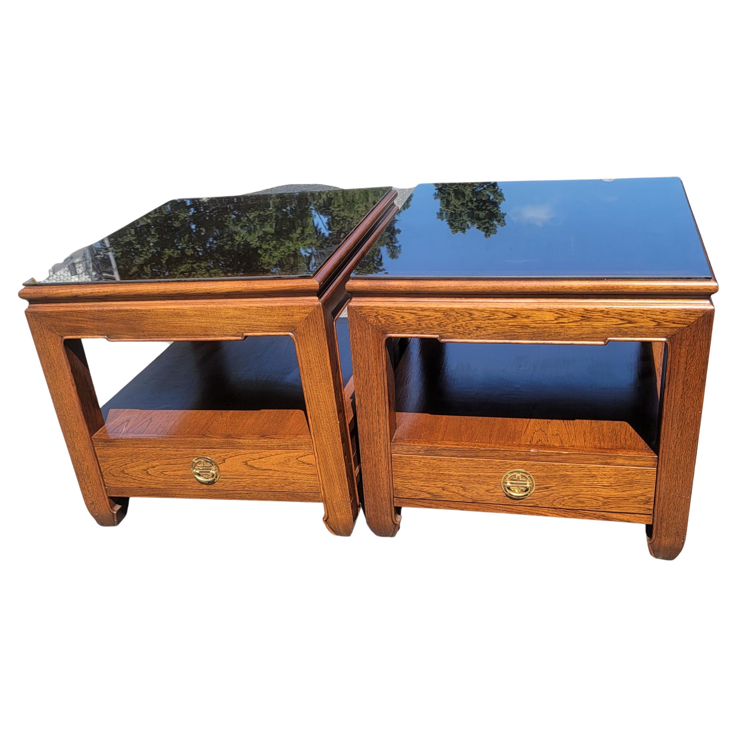 Unknown 1970s, Ming Style One Drawer Side Tables with Protective Glass Tops, a Pair For Sale