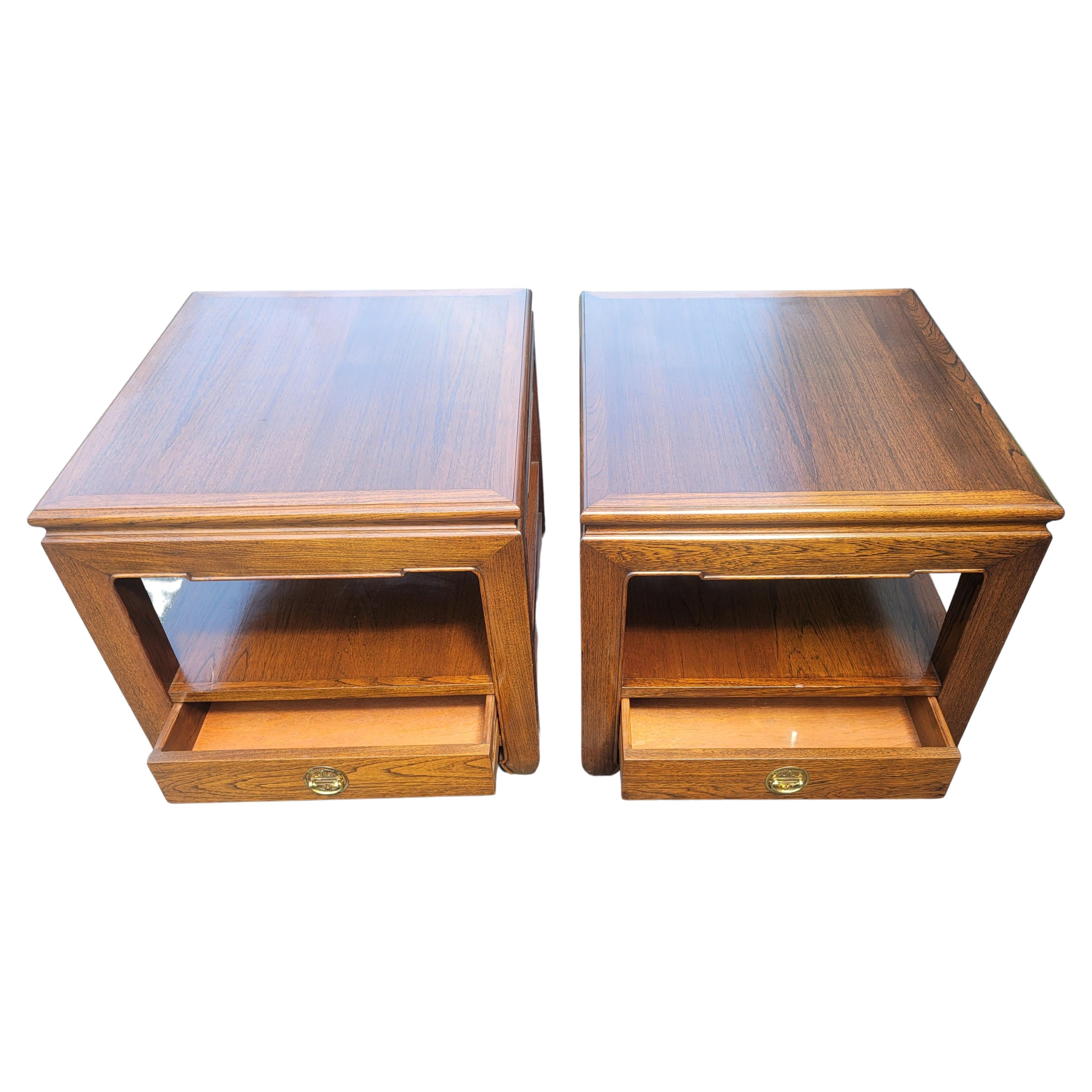 20th Century 1970s, Ming Style One Drawer Side Tables with Protective Glass Tops, a Pair For Sale