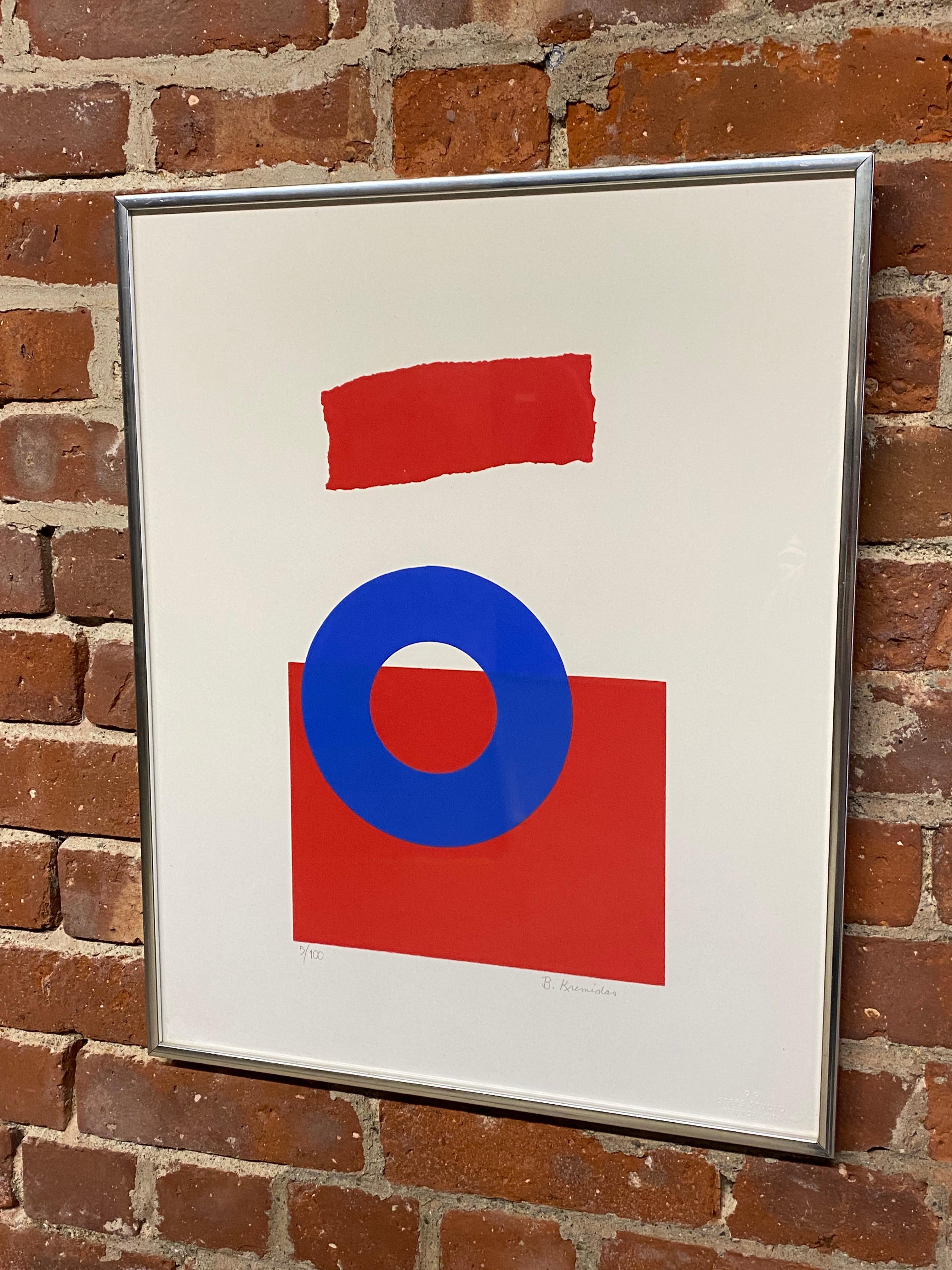 Hard edge shapes juxtaposed with the floating free edge shape in red, white and blue. This minimalist work is all about the negative and positive space and reminiscent of the more widely known works of Ellsworth Kelly. Circa 1970. Signed lower right