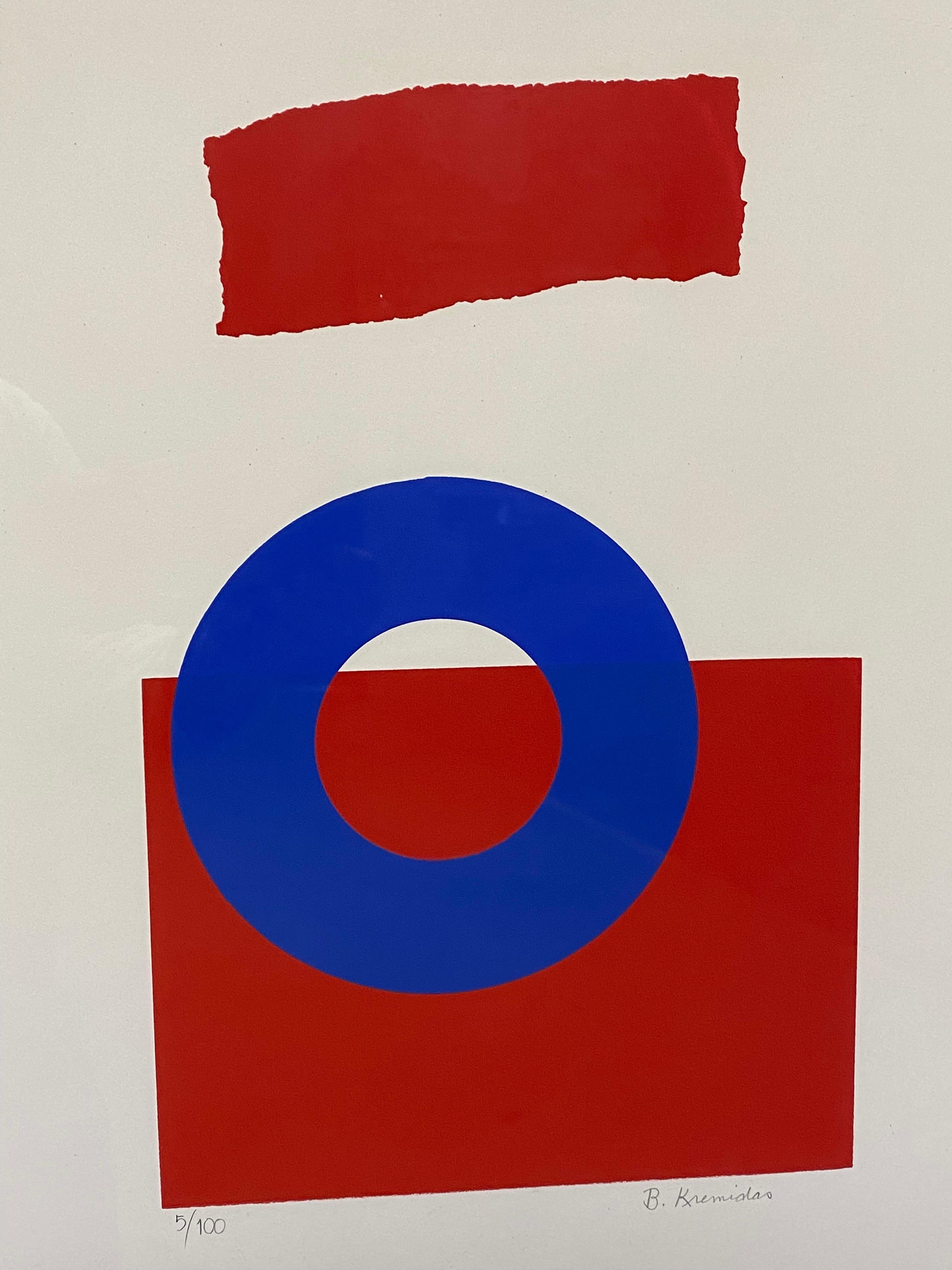 American 1970s Minimalist Abstract Red, White and Blue Lithograph