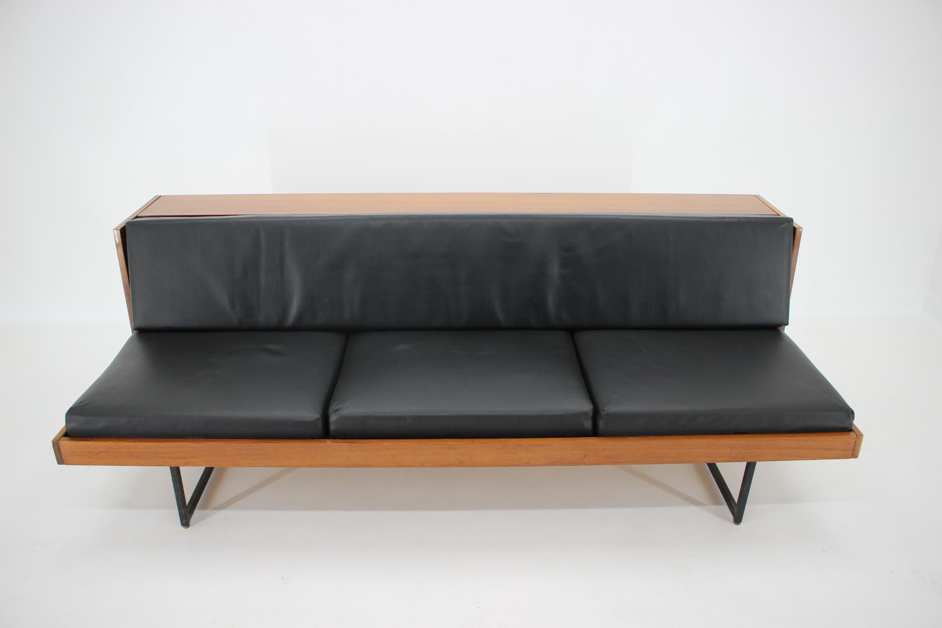 Mid-Century Modern 1970s Minimalist Sofa/Daybed in Black Leatherette, Czechoslovakia