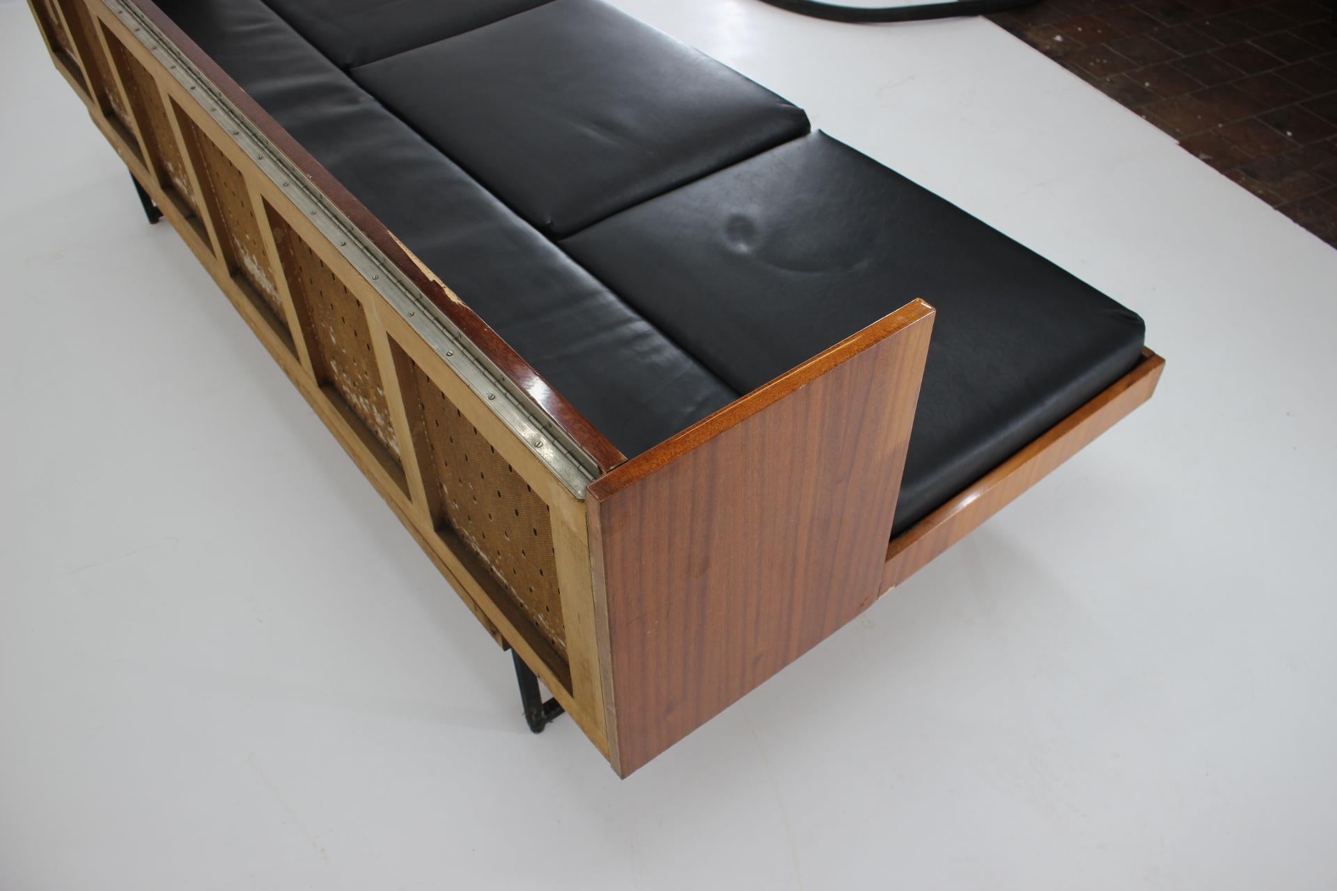 Wood 1970s Minimalist Sofa/Daybed in Black Leatherette, Czechoslovakia