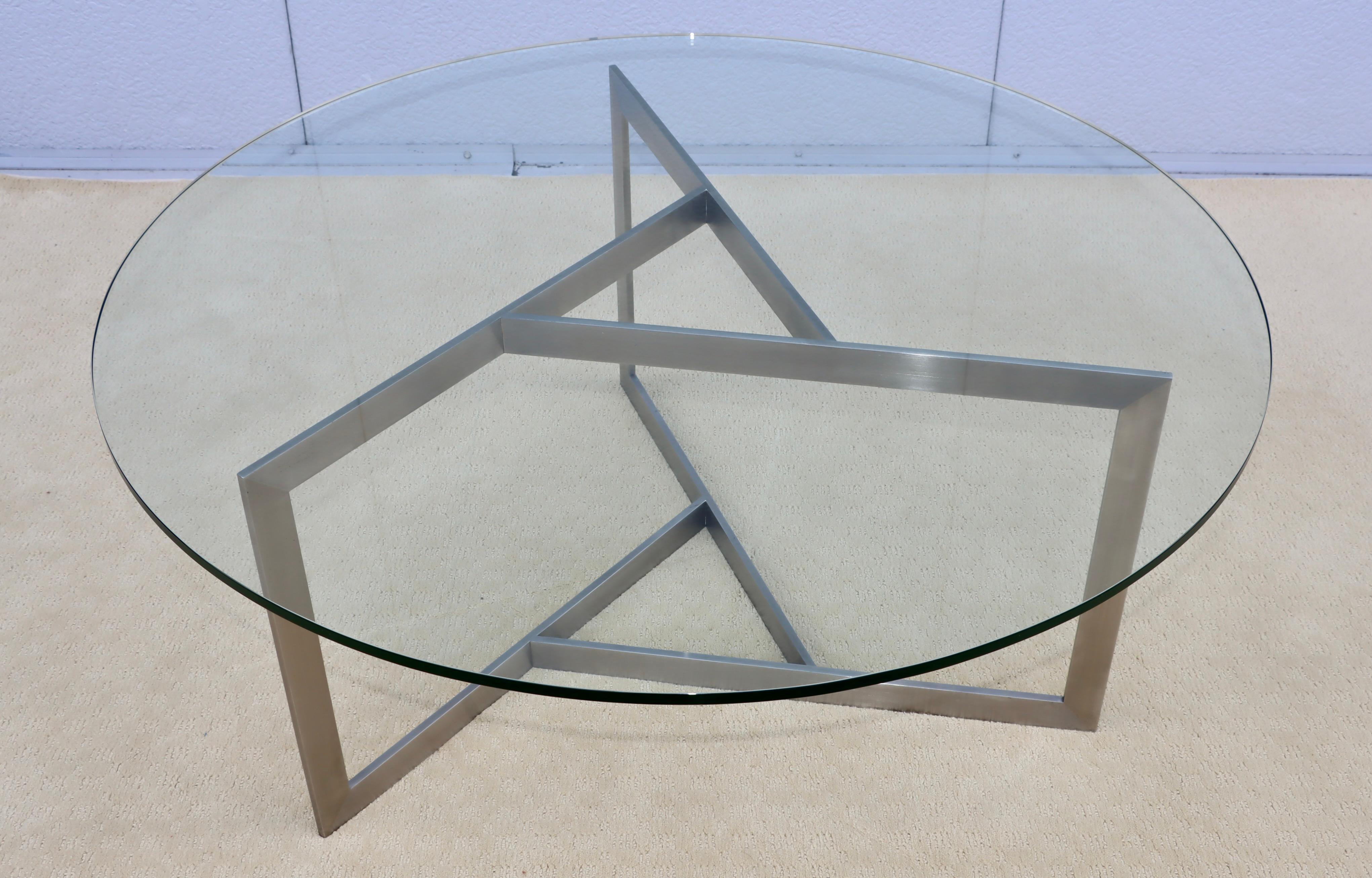 Mid-Century Modern 1970's Minimalist Stainless Steel With Round Glass Top Coffee Table For Sale