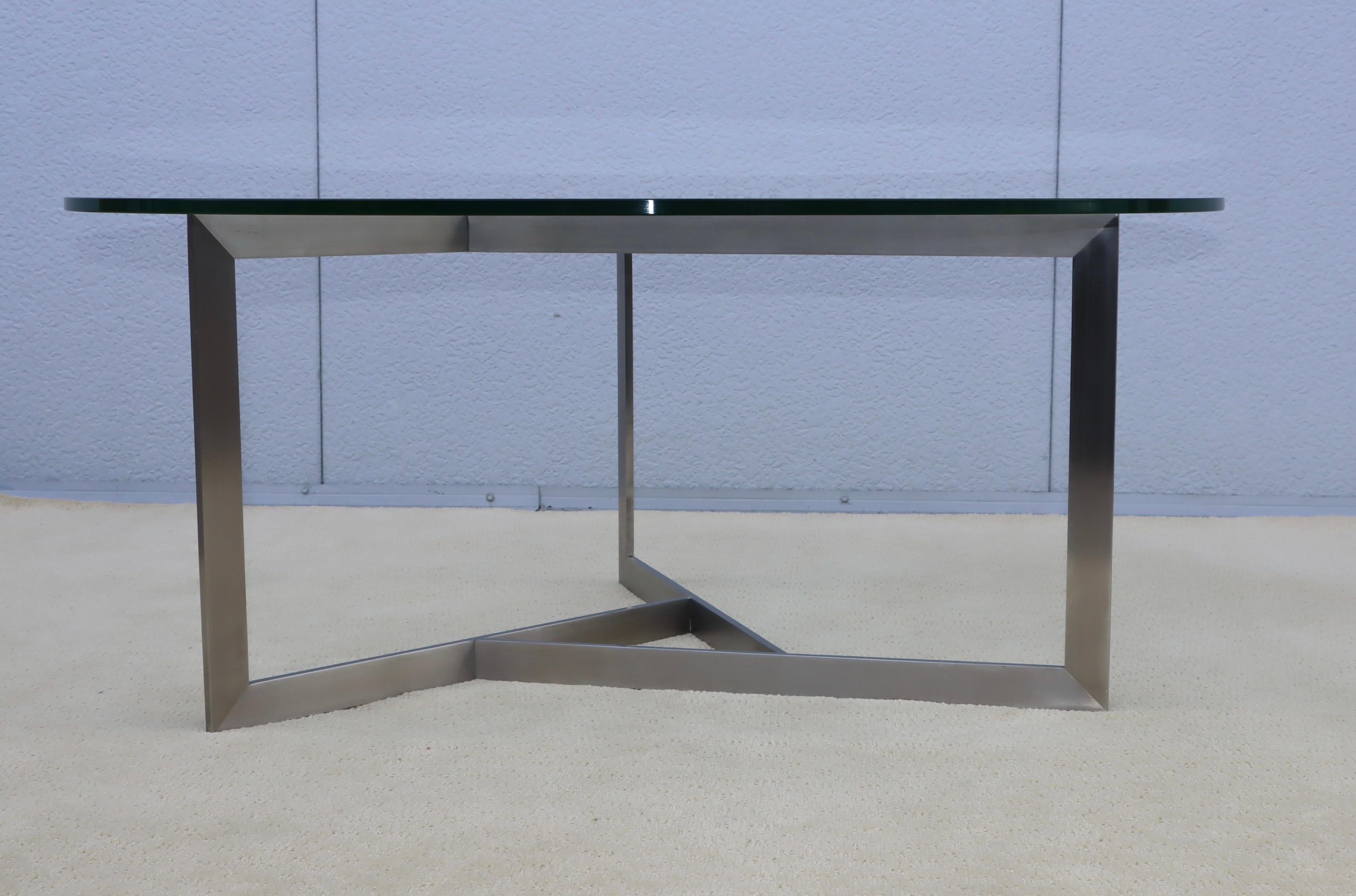 American 1970's Minimalist Stainless Steel With Round Glass Top Coffee Table For Sale