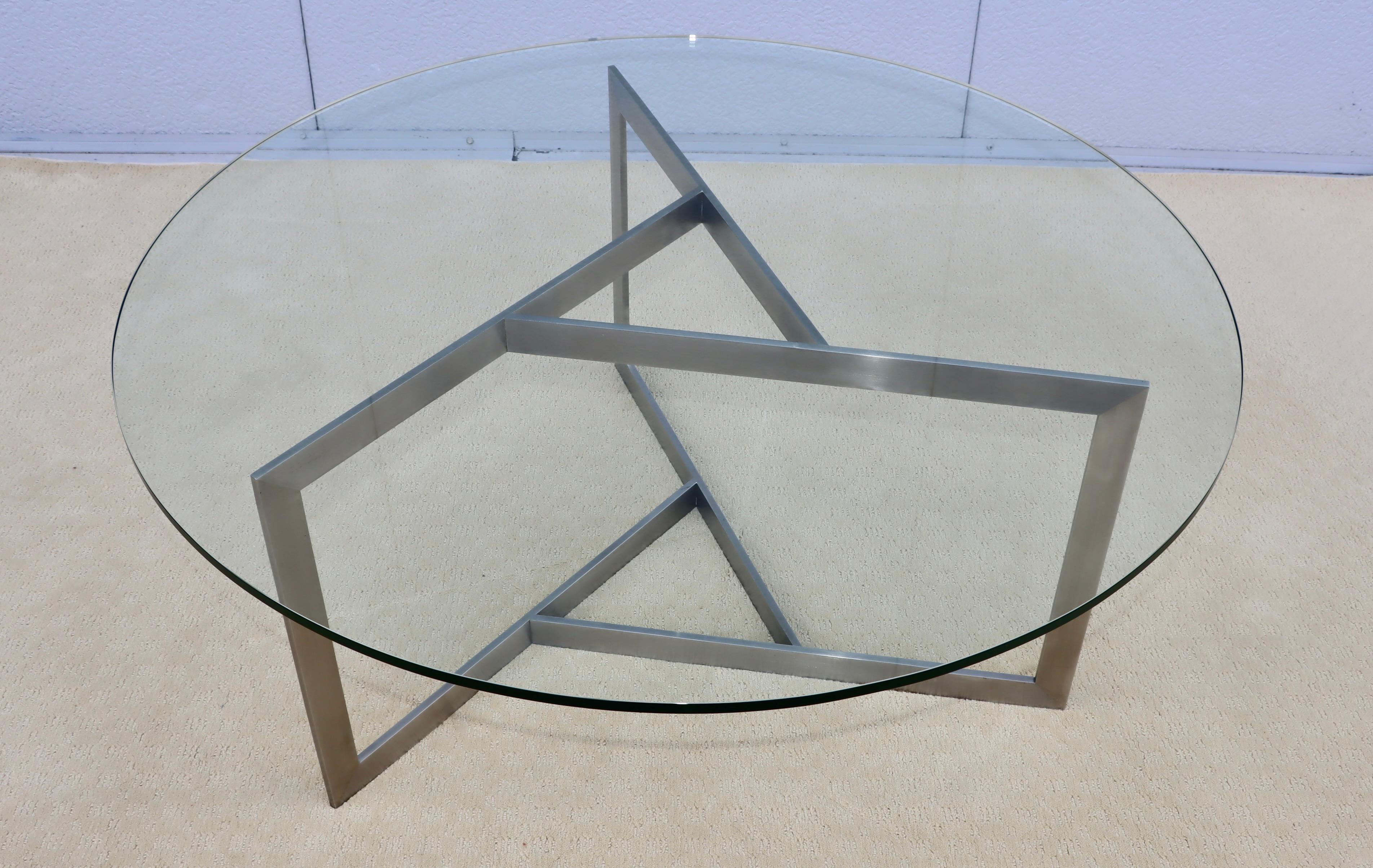 Late 20th Century 1970's Minimalist Stainless Steel With Round Glass Top Coffee Table For Sale