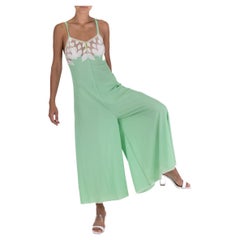 1970S Mint Green Polyester Jersey & White Lace Negligee Jumpsuit