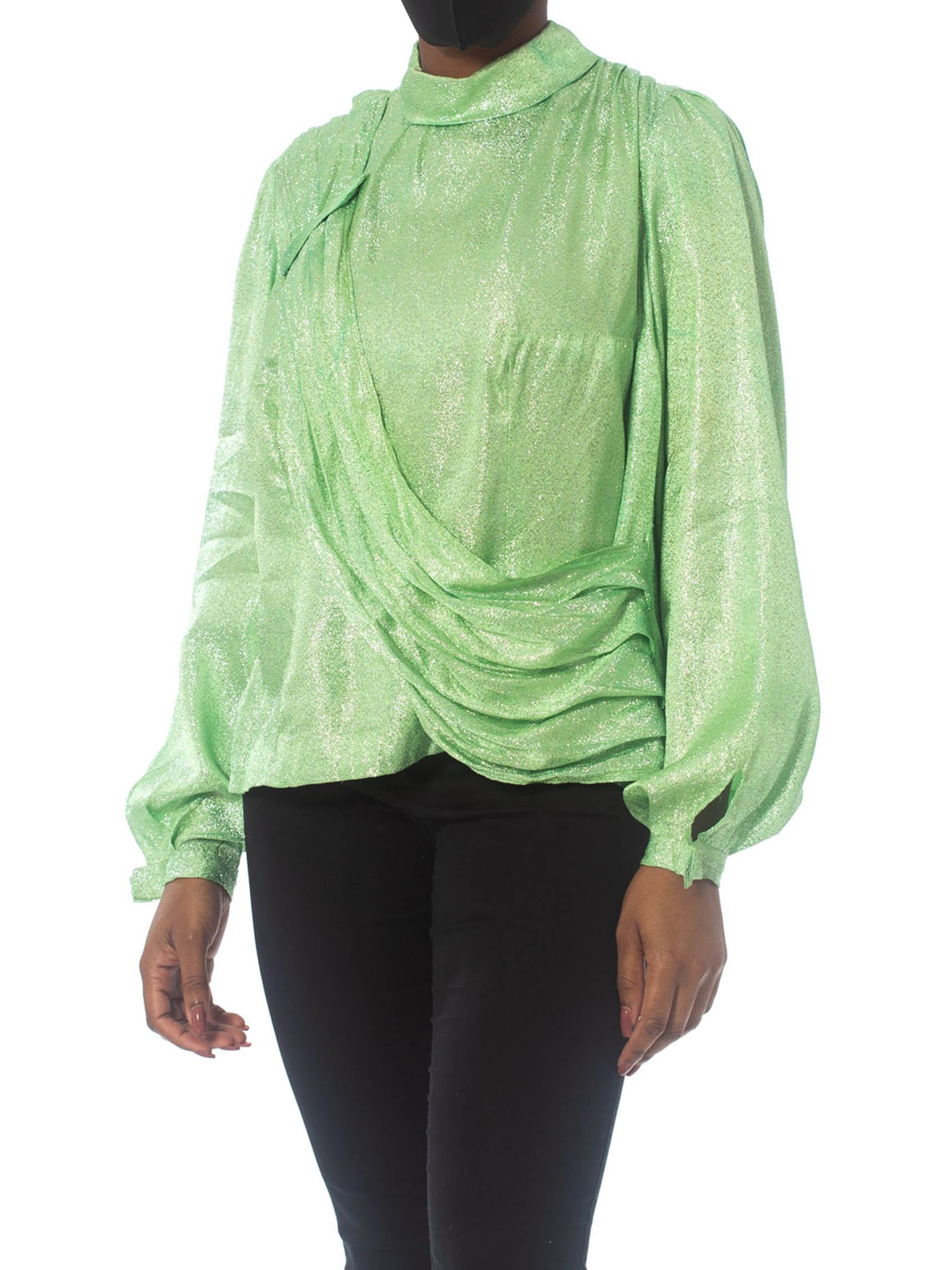 1970S Mint Green Silver Poly Lurex Long Sleeve Top In Excellent Condition In New York, NY