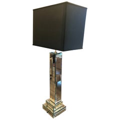 Vintage 1970s Mirror and Chromed Steel Studs Table Lamps