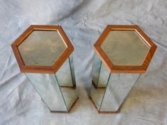 1970's Mirror & Oak Hexagon Art Pedestals 30" Tall