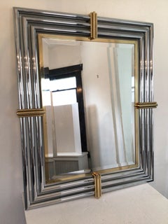 1970s Mirror with Polished Tubular Chrome Frame and Brass Accents