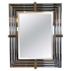 1970s Mirror with Polished Tubular Chrome Frame and Brass Accents