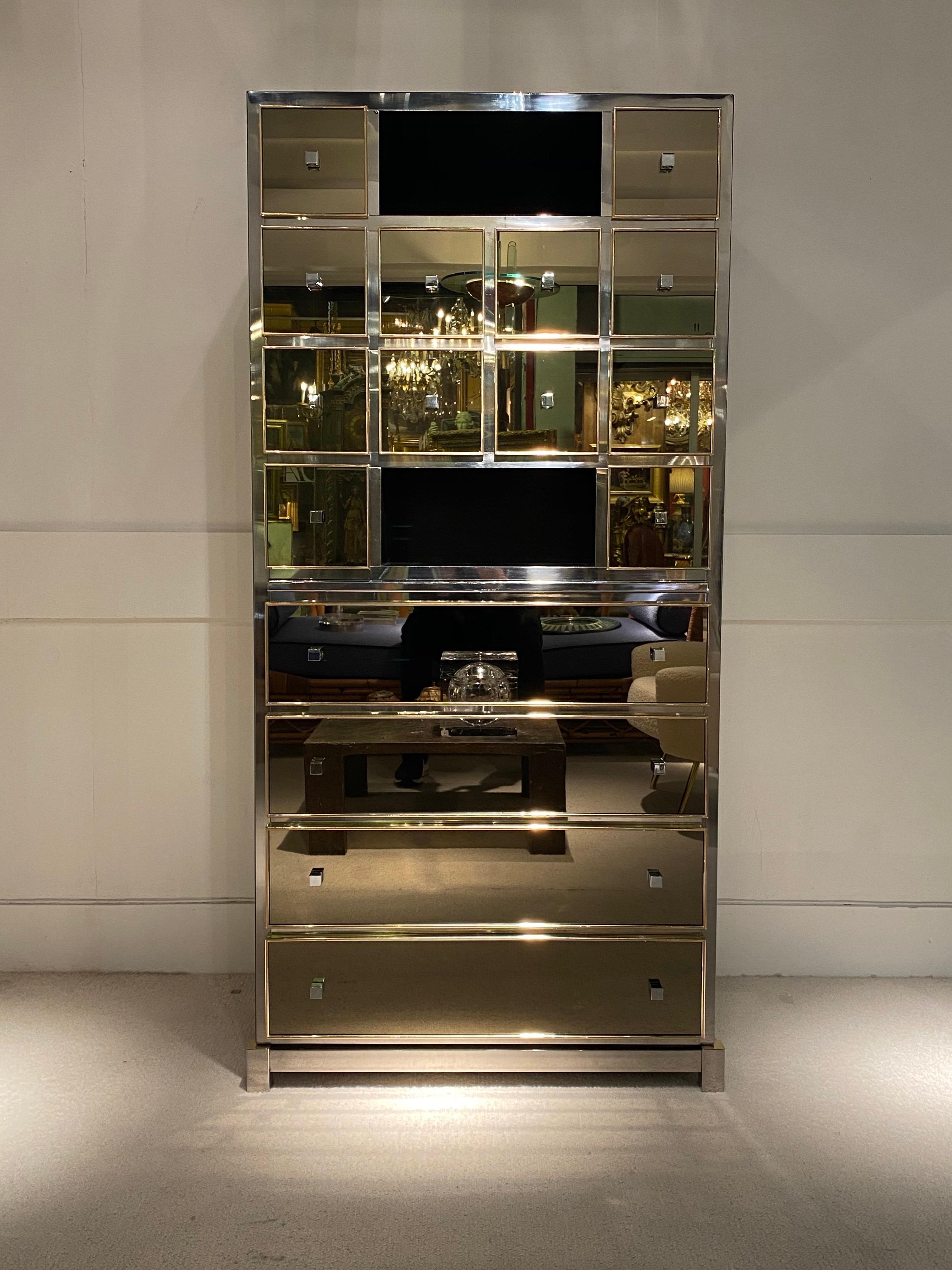 Brass 1970s Mirrored Cabinet by Michel Pigneres