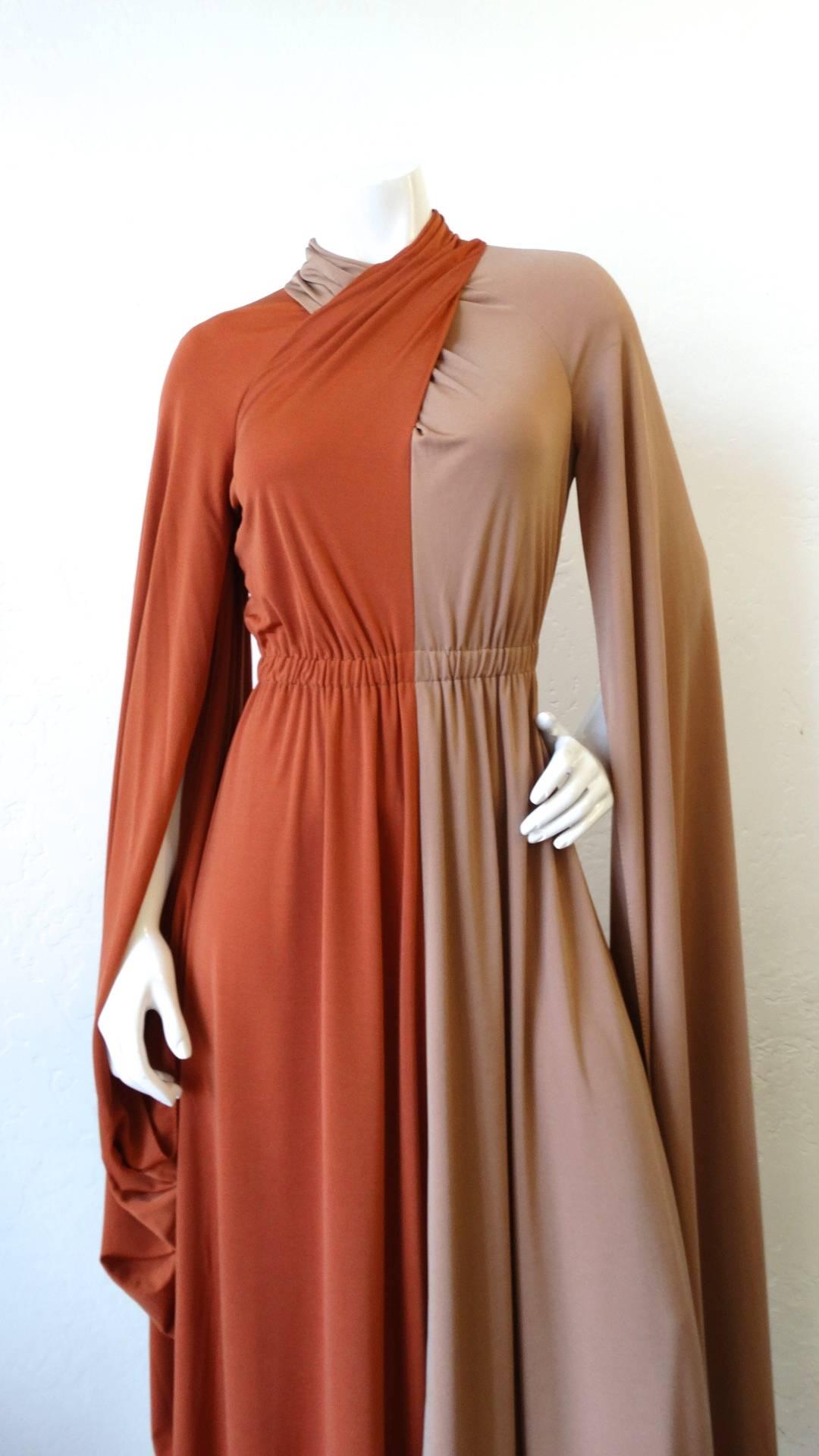 Brown 1970s Miss Elliette Two Tone Dramatic Sleeve Gown