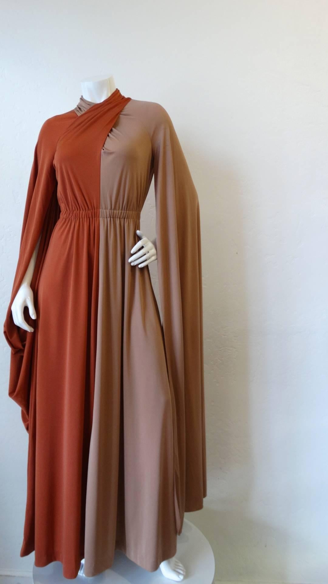 1970s Miss Elliette Two Tone Dramatic Sleeve Gown 1