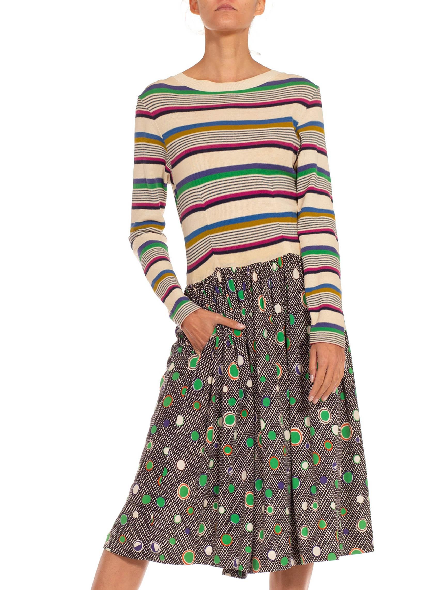 1970S Missoni Cream & Green Knit Striped Polka Dot Dress For Sale 1