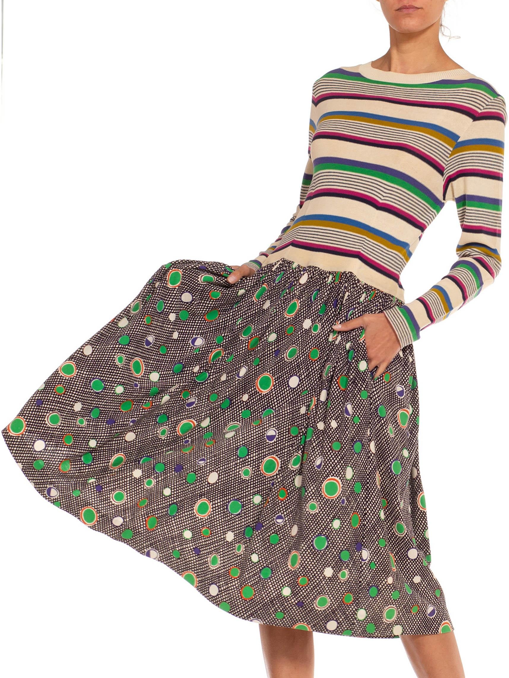 1970S Missoni Cream & Green Knit Striped Polka Dot Dress For Sale 2