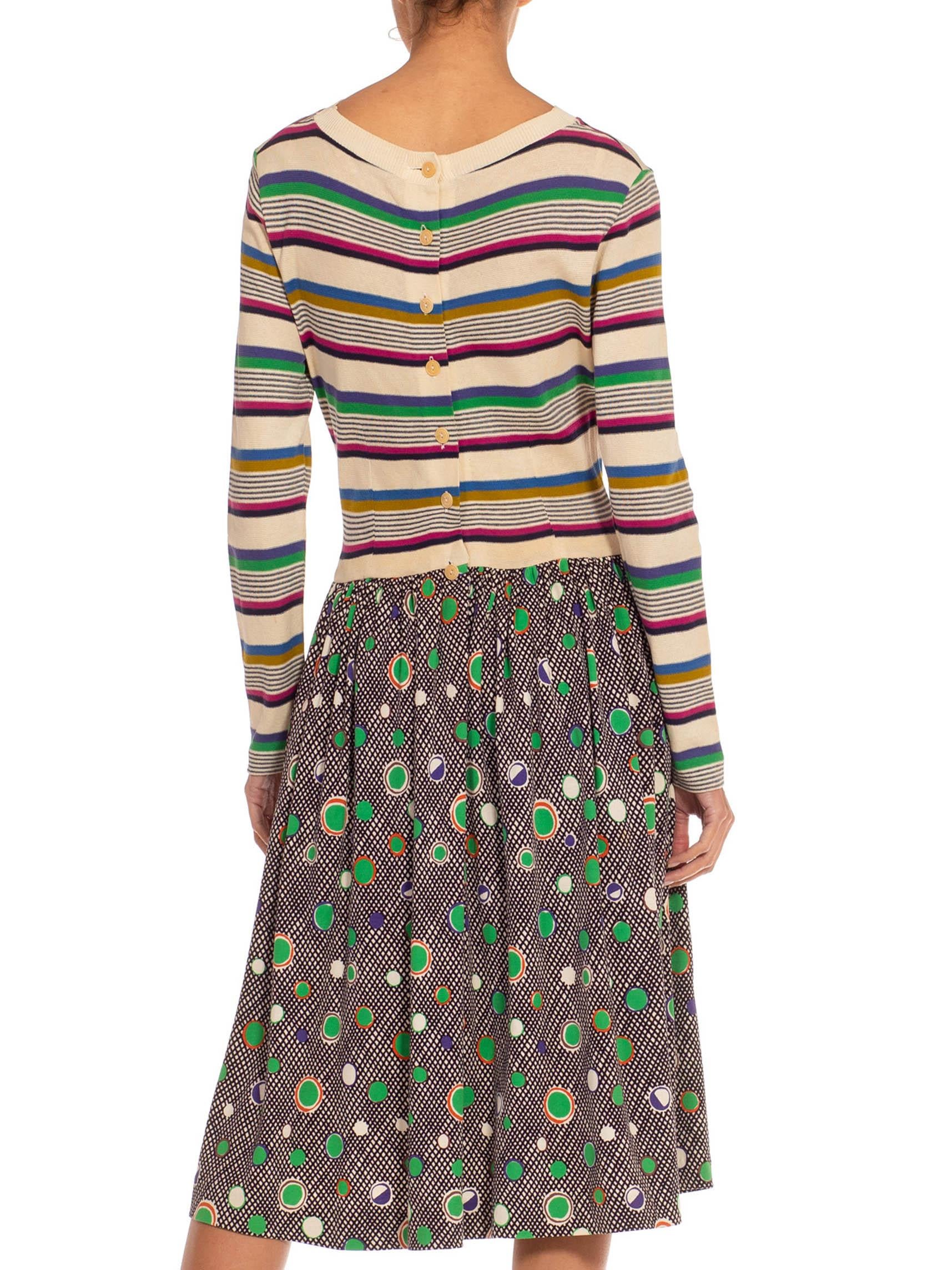 1970S Missoni Cream & Green Knit Striped Polka Dot Dress For Sale 3