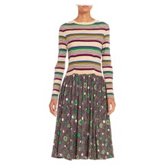 1970S MISSONI Cream & Green Knit Striped Polka Dot Dress