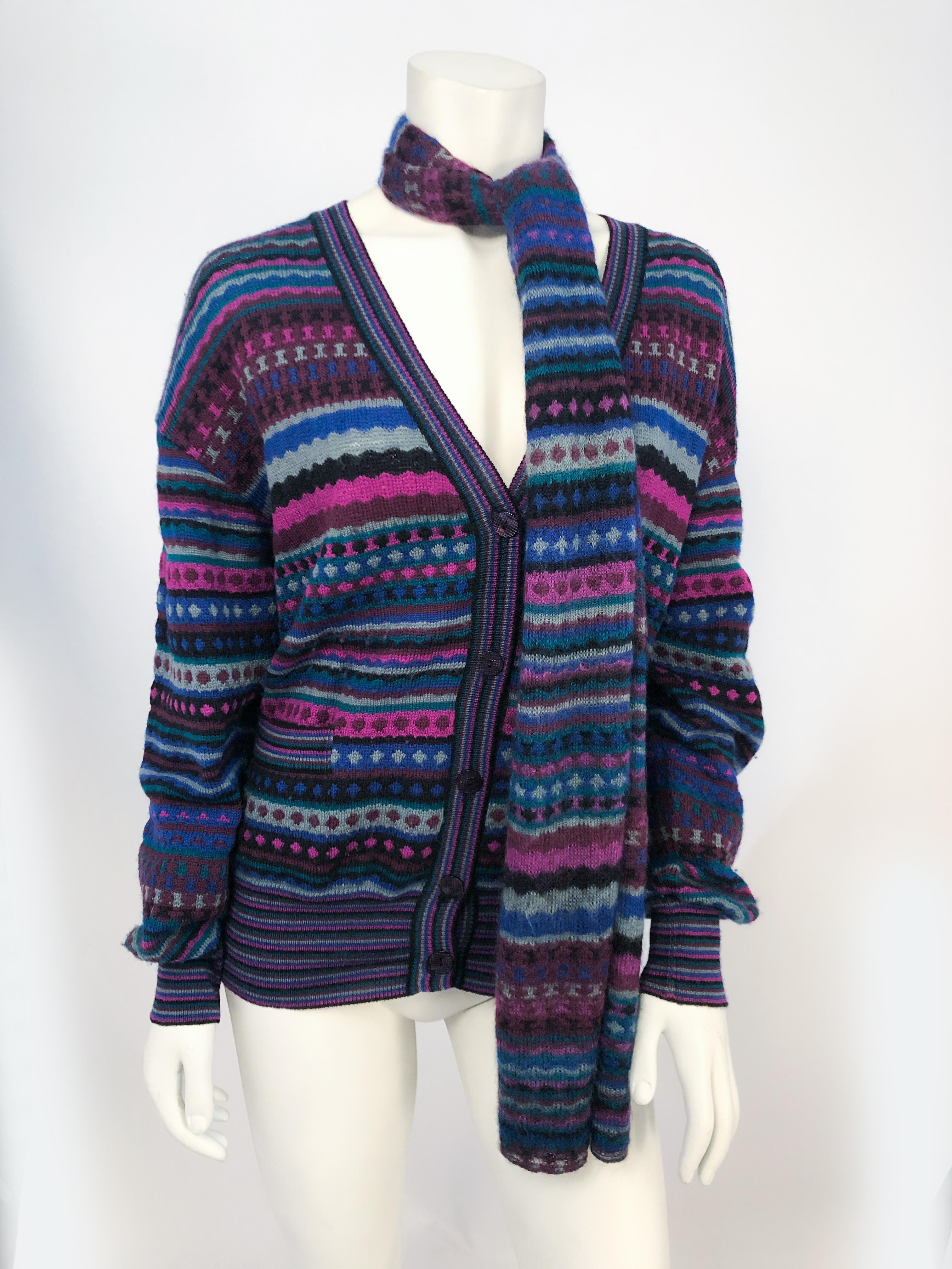 1970s Missoni Knit Cardigan with Matching Scarf featuring stripes and diamonds in purple, blue, green, and grey.