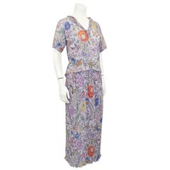 1970s Missoni Micro Pleated Silver Floral Lurex Maxi Skirt and Top Ensemble