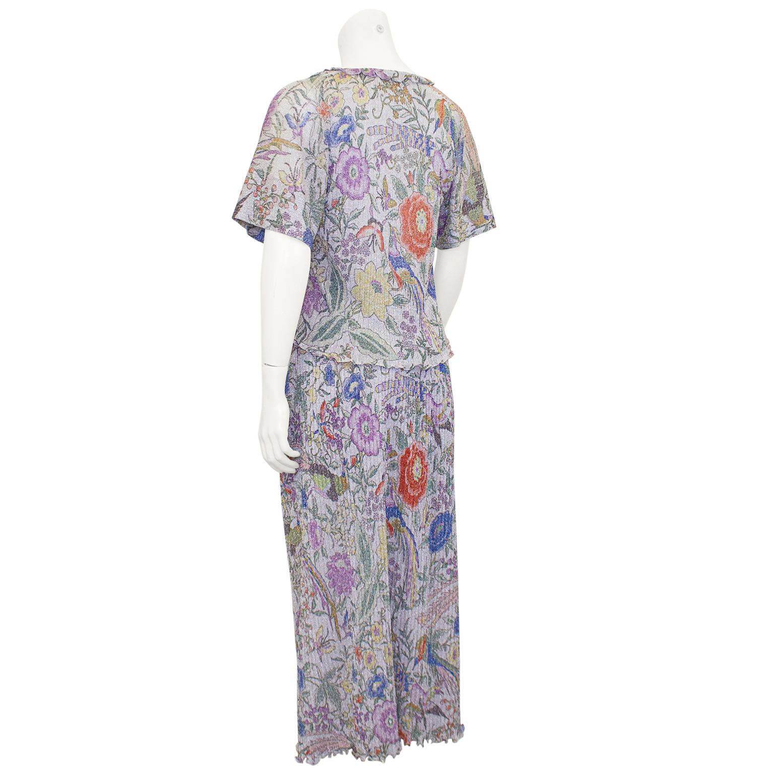 Argent Missoni - Ensemble jupe longue et haut en lurex à fleurs argentées micro plissées, années 1970 en vente