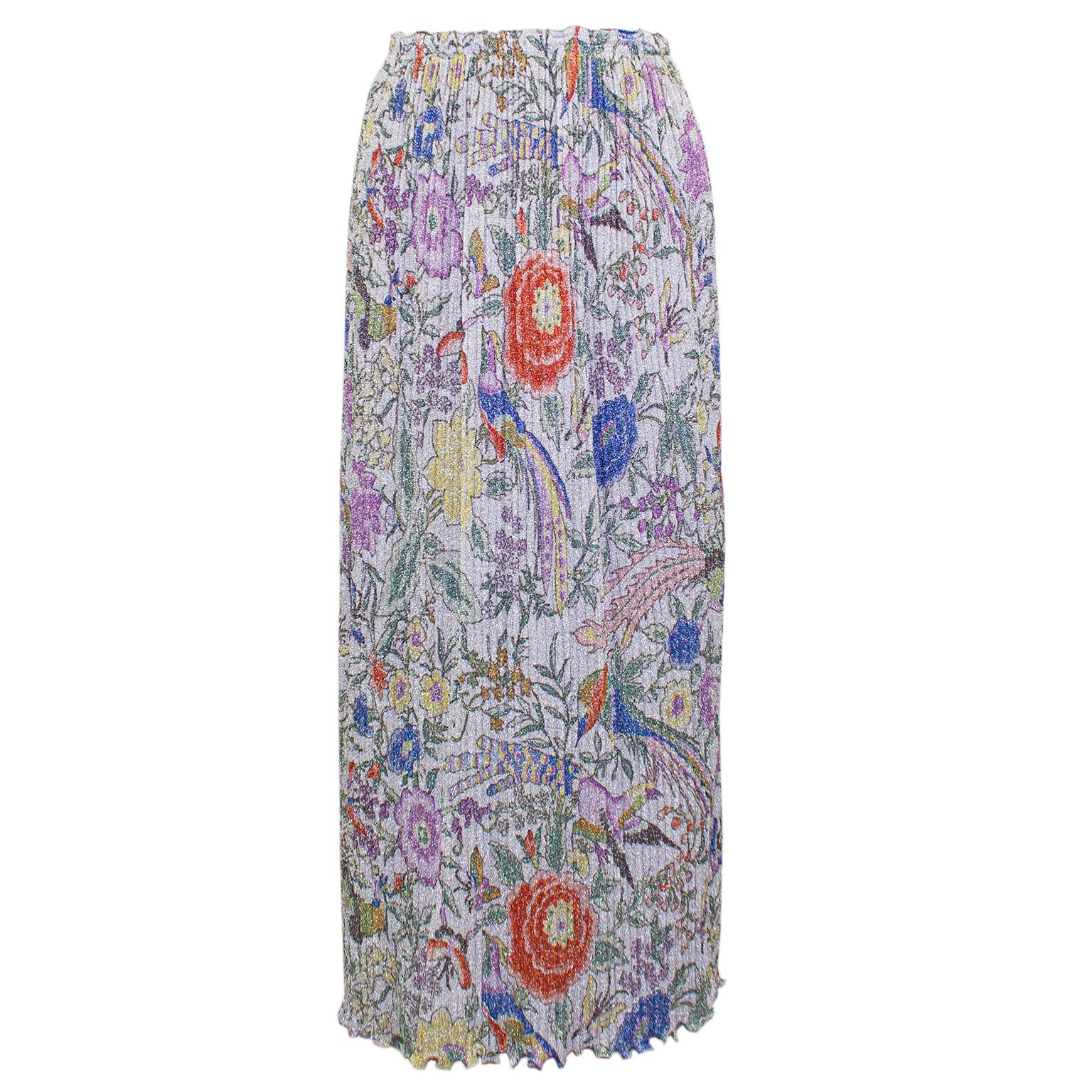 Women's 1970s Missoni Micro Pleated Silver Floral Lurex Maxi Skirt and Top Ensemble  For Sale