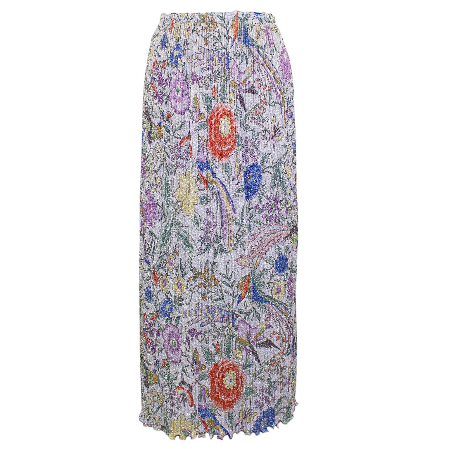 Missoni - Ensemble jupe longue et haut en lurex à fleurs argentées micro plissées, années 1970 Bon état - En vente à Toronto, Ontario