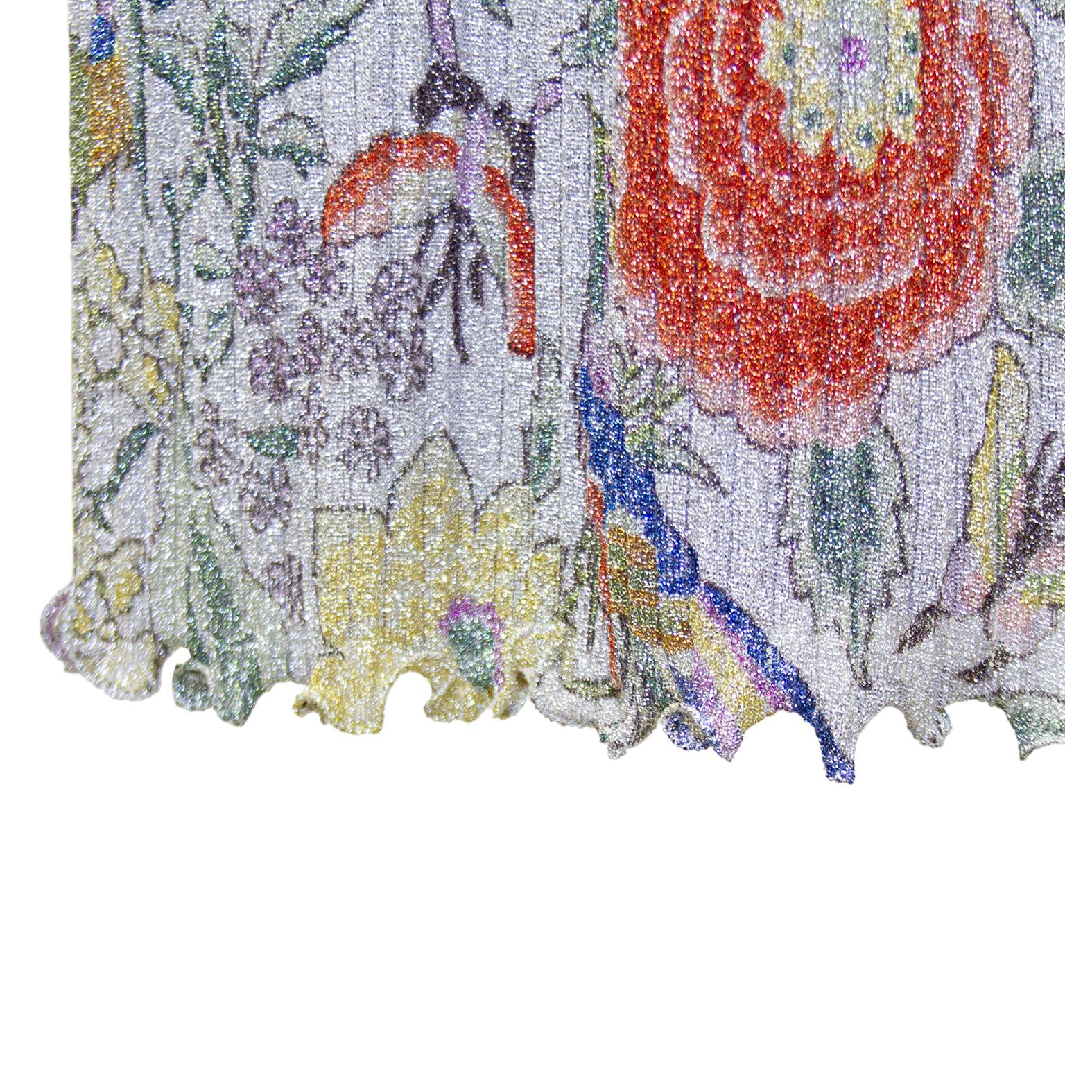 Missoni - Ensemble jupe longue et haut en lurex à fleurs argentées micro plissées, années 1970 Pour femmes en vente