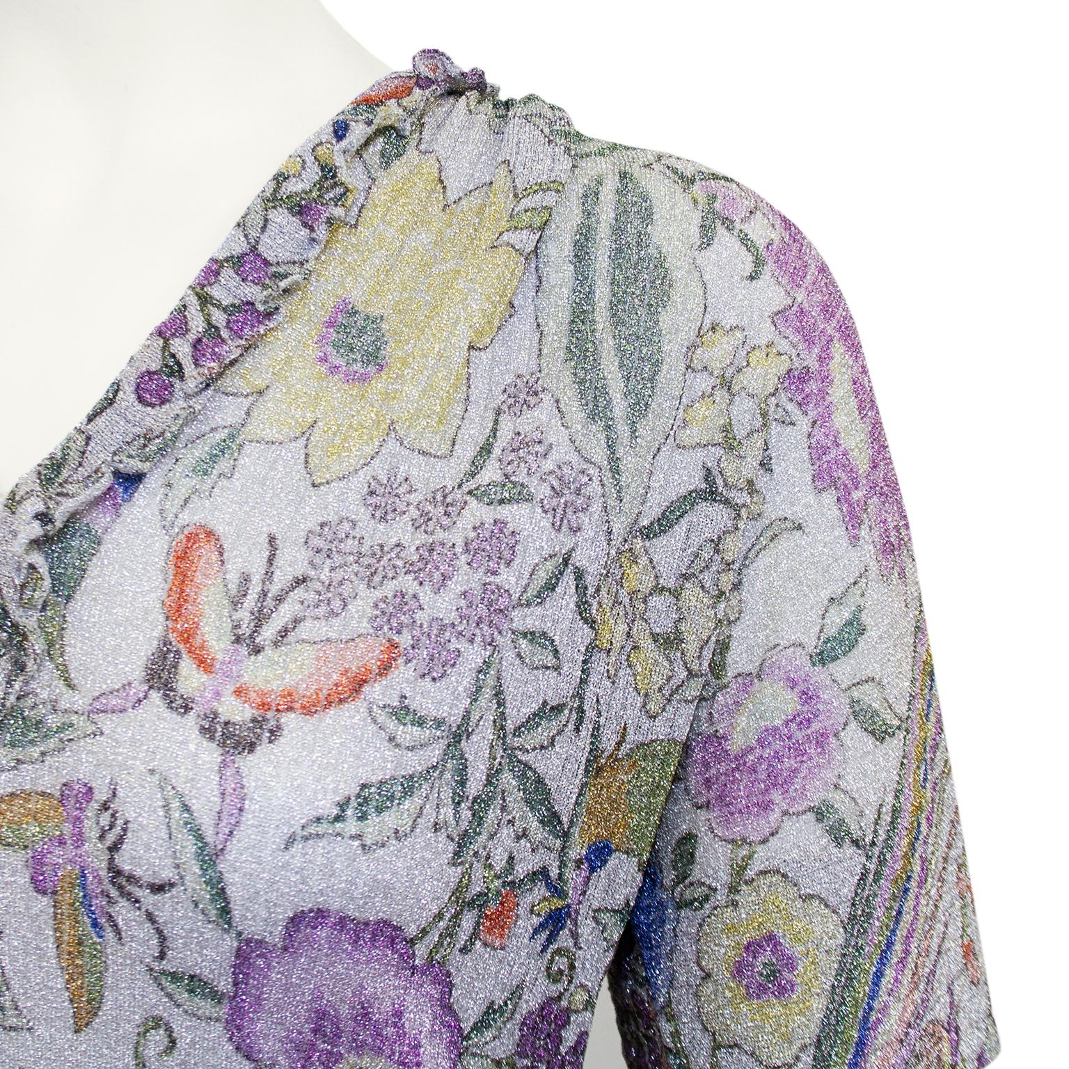 Missoni - Ensemble jupe longue et haut en lurex à fleurs argentées micro plissées, années 1970 en vente 1