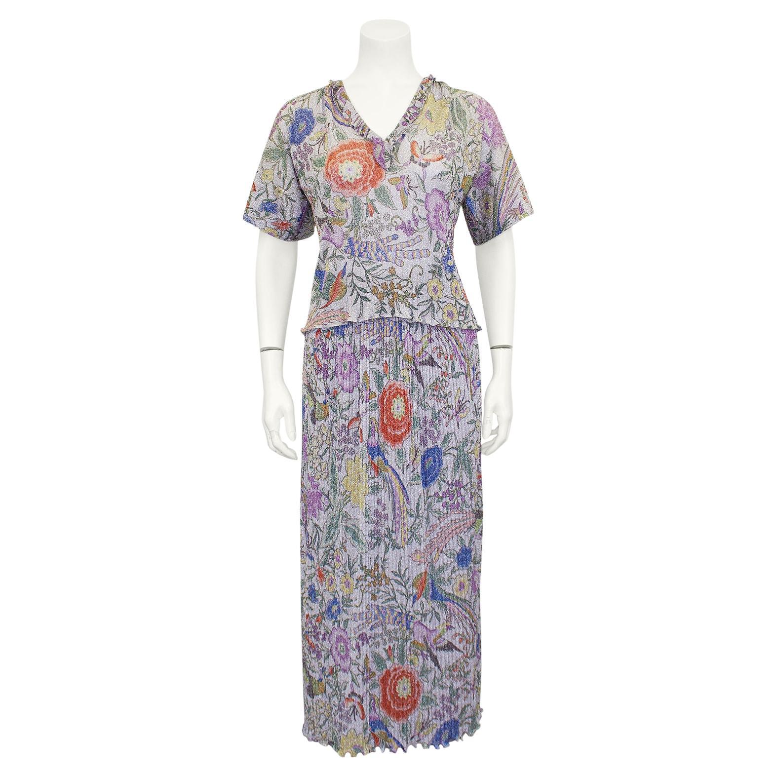 Missoni - Ensemble jupe longue et haut en lurex à fleurs argentées micro plissées, années 1970 