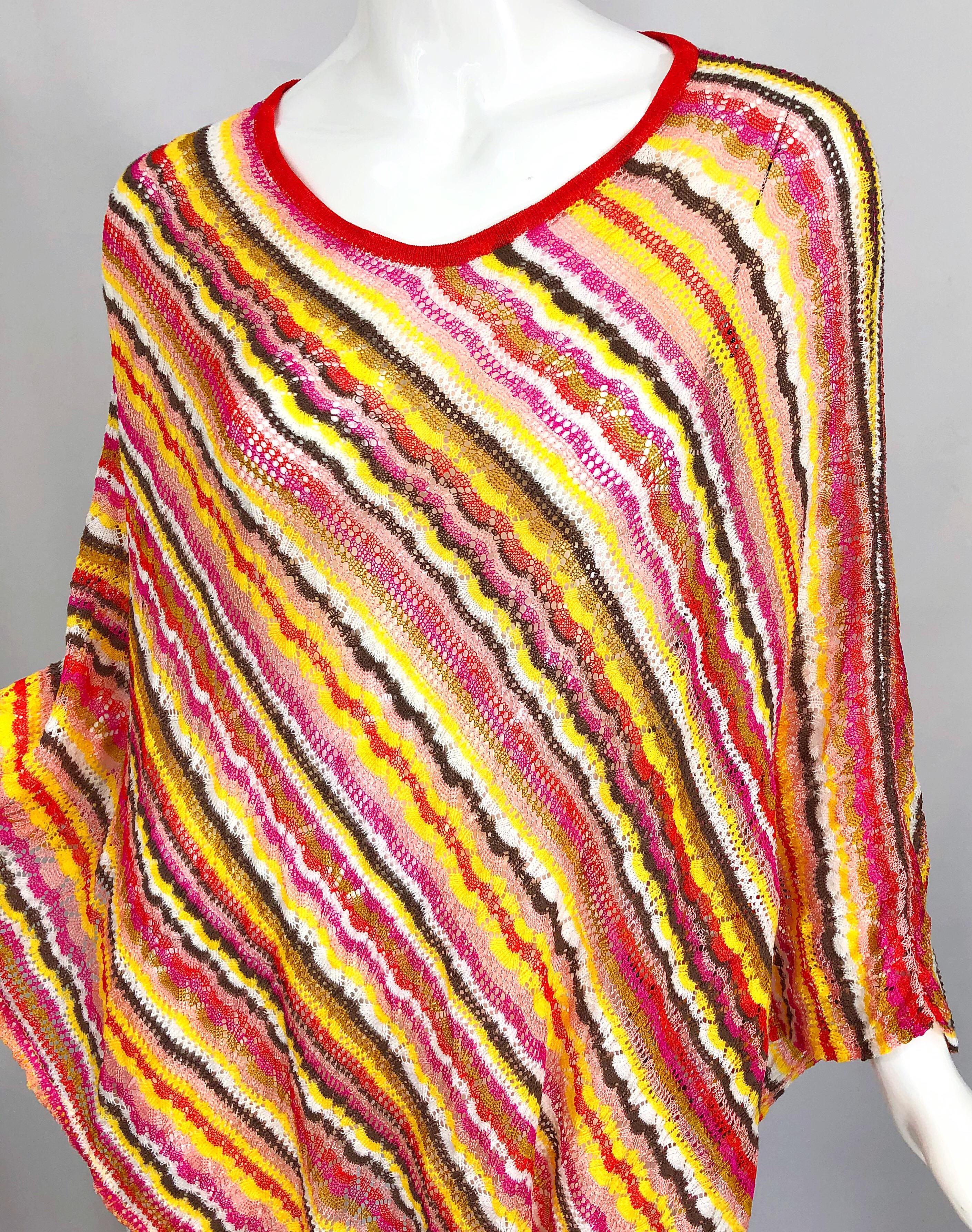 1970s Missoni Multi Colored Pink Yellow Orange Crochet Vintage 70s Poncho Top In Excellent Condition In San Diego, CA