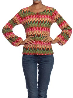 1970S MISSONI Style Pink & Green Acrylic Knit Boho Top Made In Japan