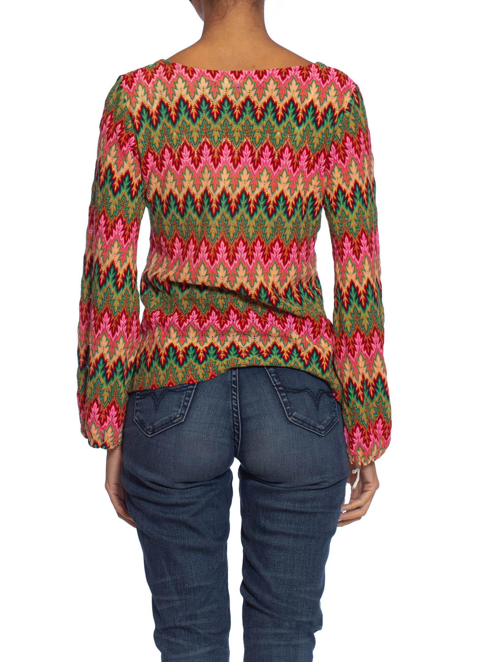 Brown 1970S MISSONI Style Pink & Green Acrylic Knit Boho Top Made In Japan
