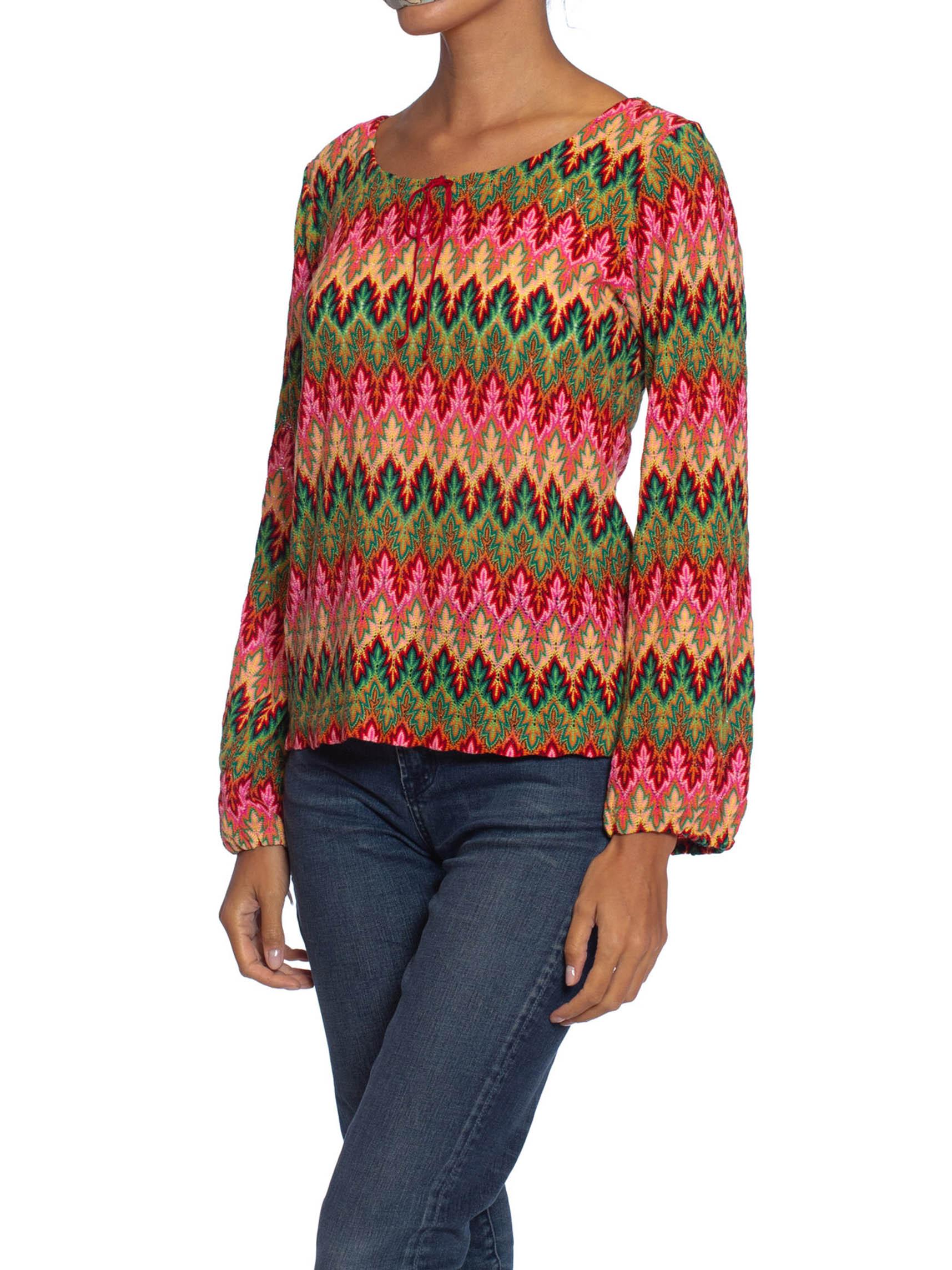 1970S MISSONI Style Pink & Green Acrylic Knit Boho Top Made In Japan In Excellent Condition In New York, NY