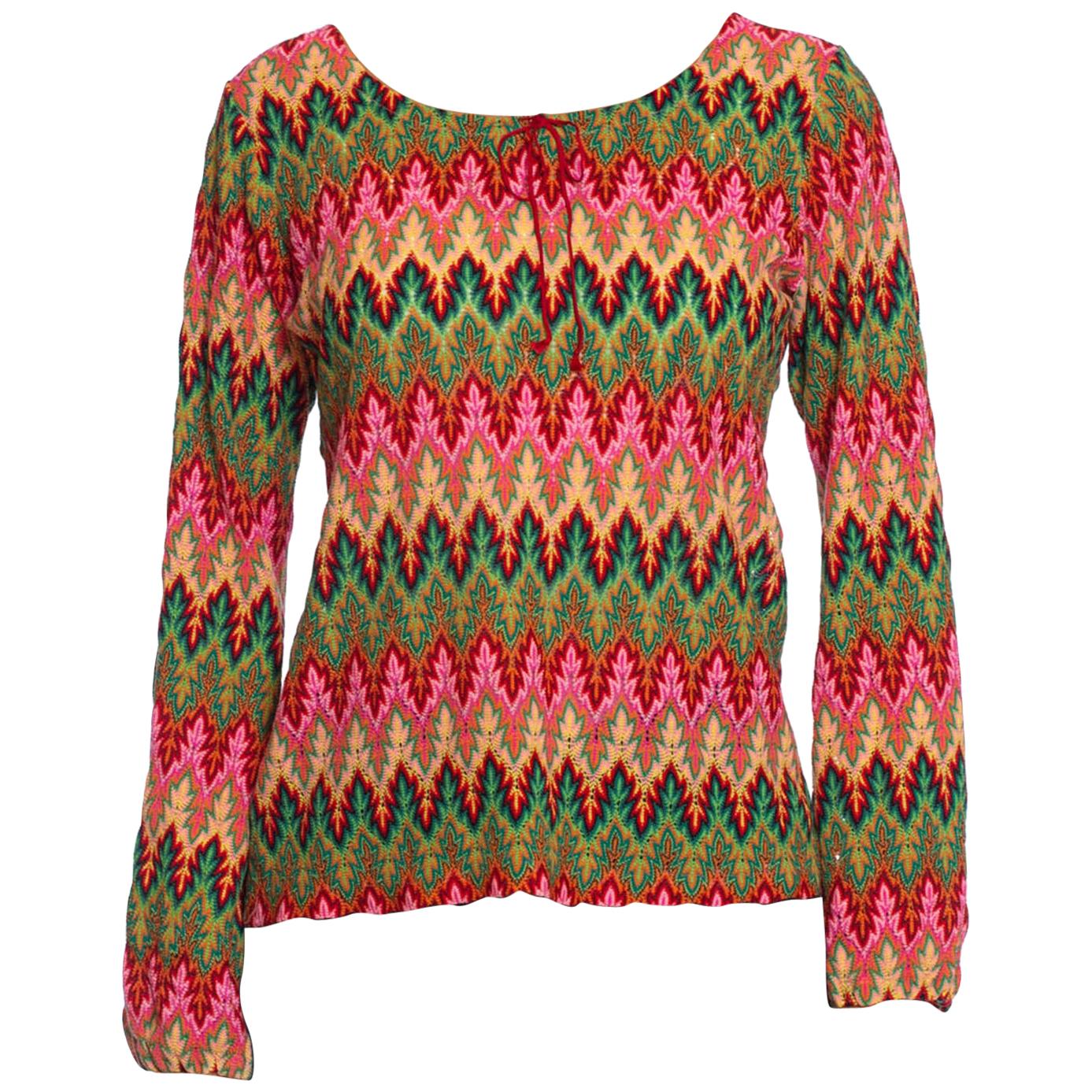 1970S MISSONI Style Pink & Green Acrylic Knit Boho Top Made In Japan