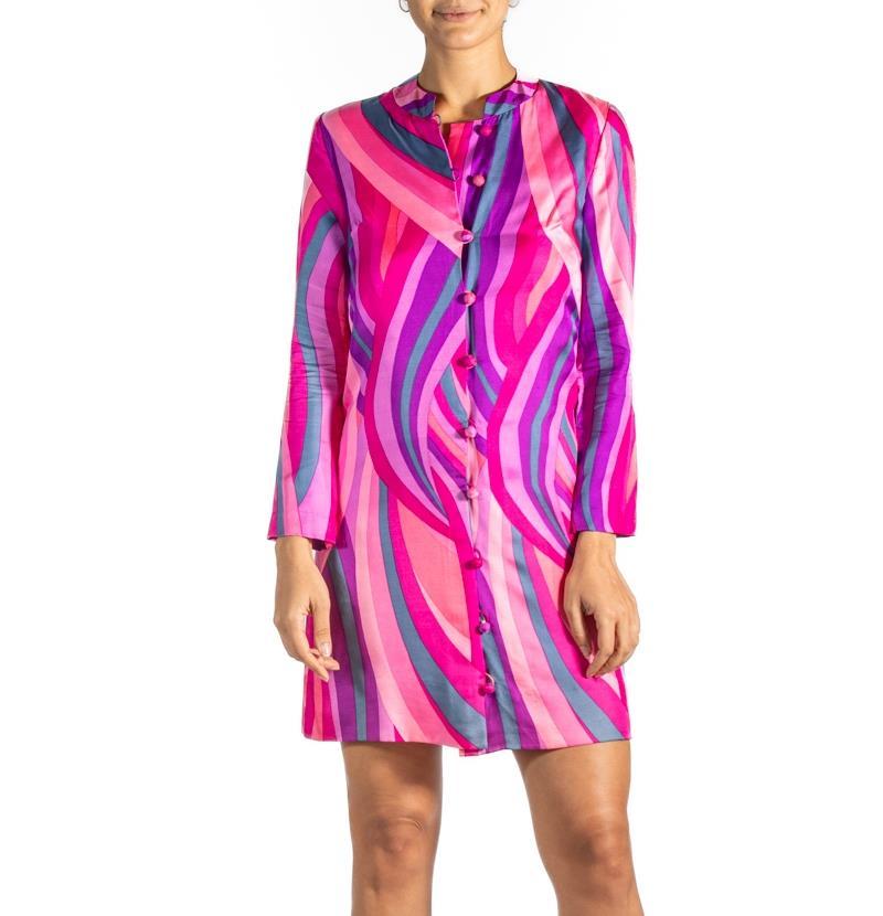 Women's 1970S Mixed Pinks Silk Button Down Dress For Sale
